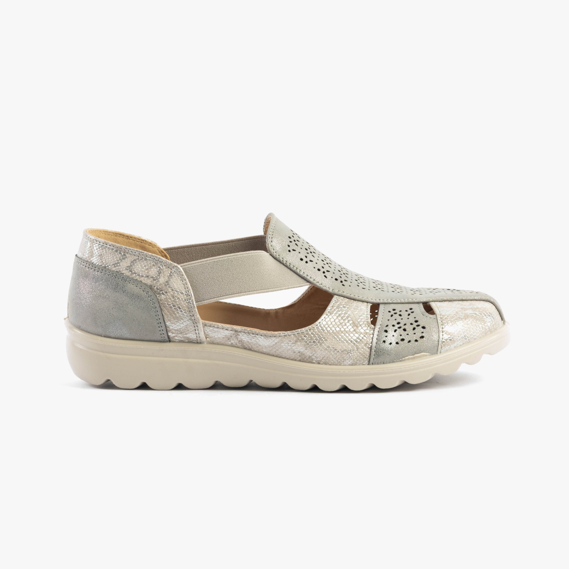 Dr Keller POLLY Womens Sandals Grey side view showcasing faux leather with slip-on design and low heel.