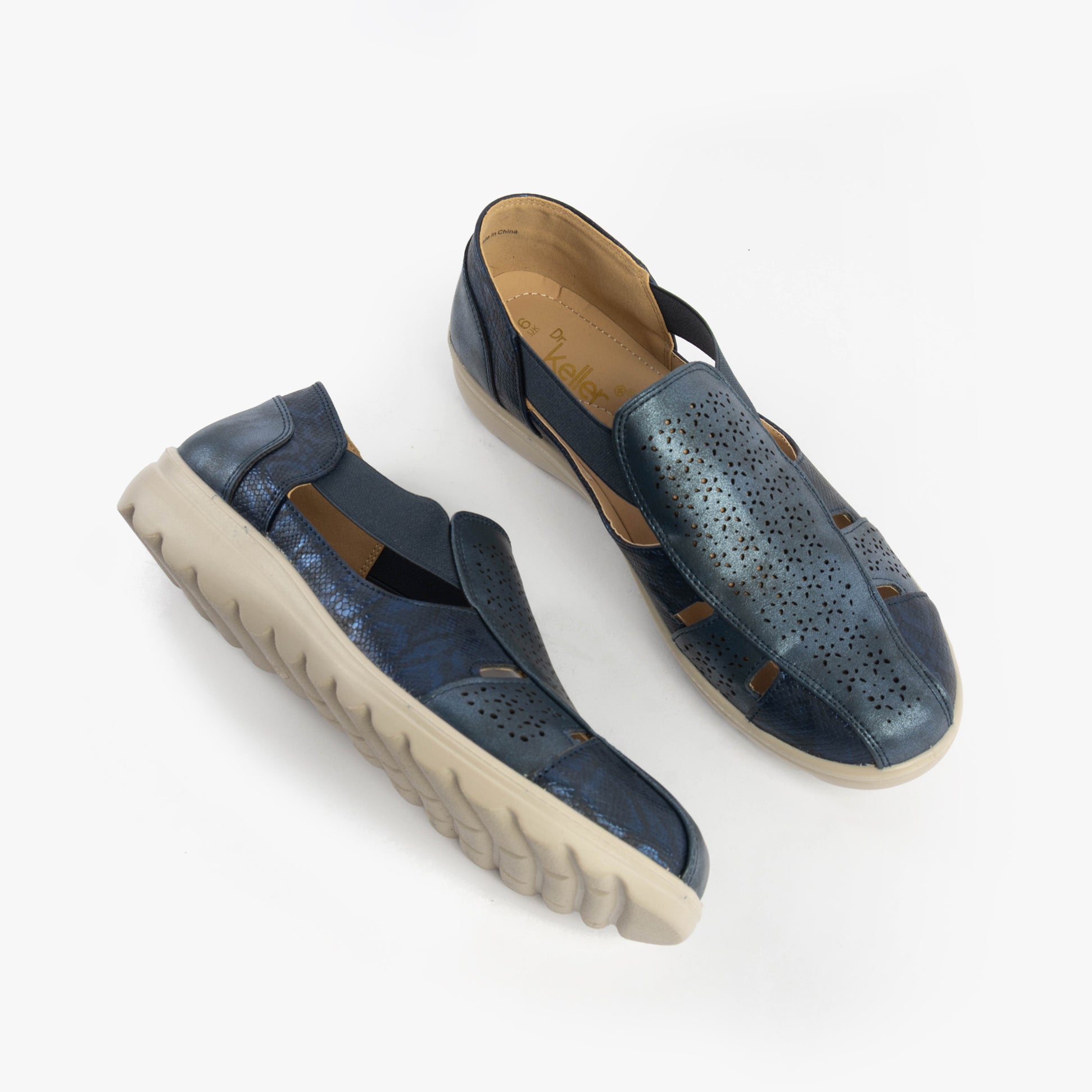 Dr Keller POLLY Womens Sandals Navy side view showing faux leather design and slip-on style.