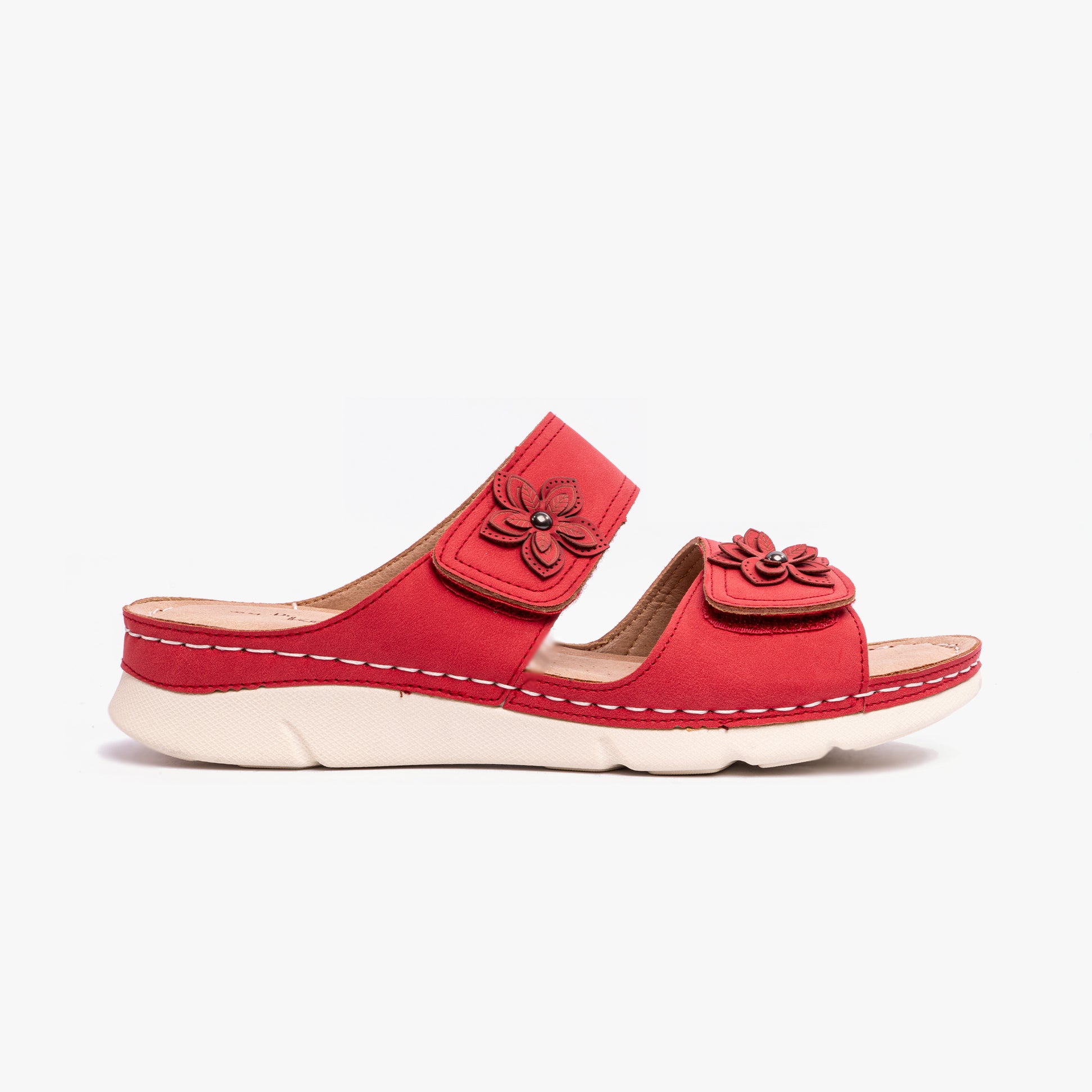 Dr Keller MOLLY Womens Sandals Red side view showing suede upper, floral details, and flat rubber sole.