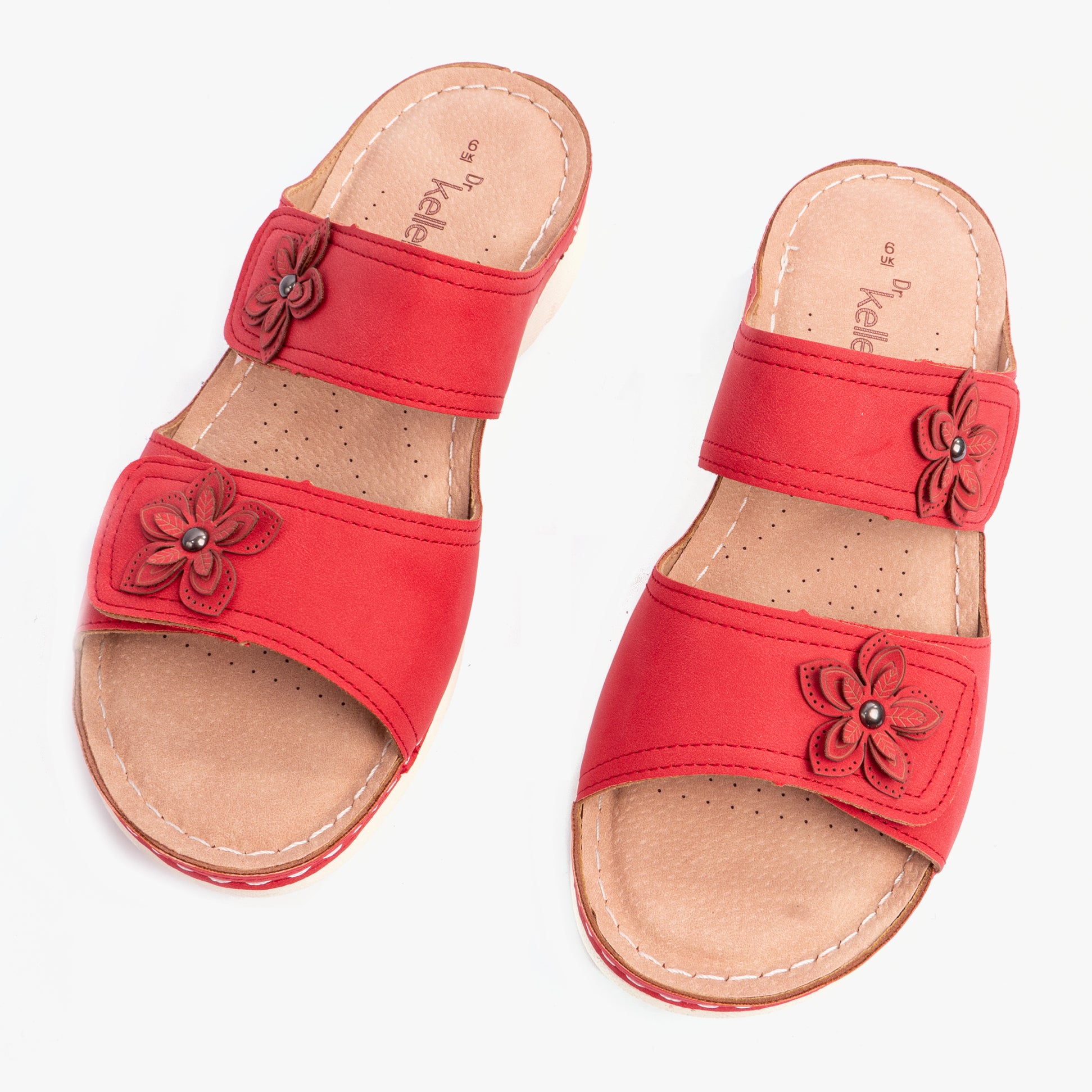 Dr Keller MOLLY Womens Sandals Red top view with floral accents and slip-on design.