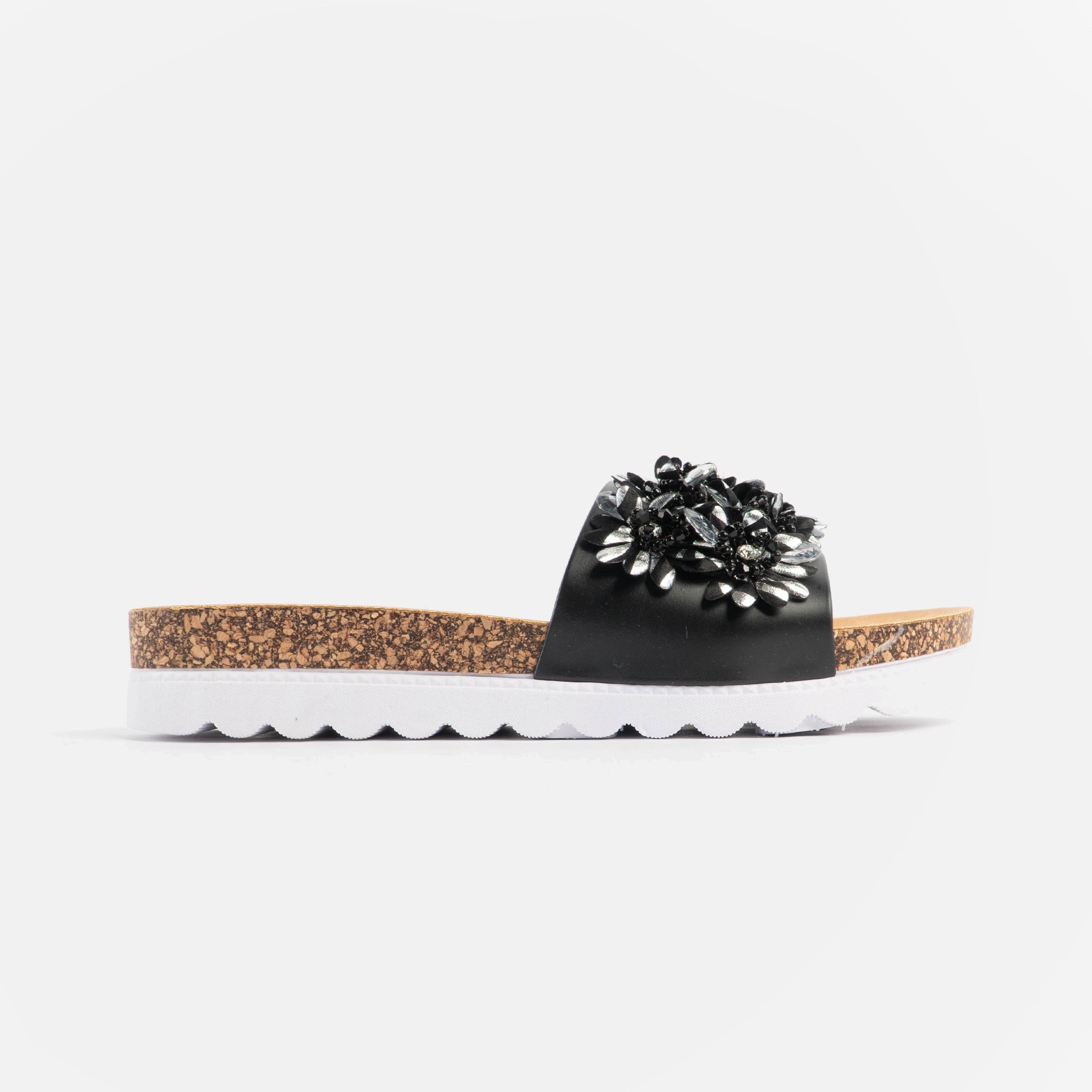 Dr Keller GLITZY Womens Slides Black side view featuring decorative embellishments and cork sole.