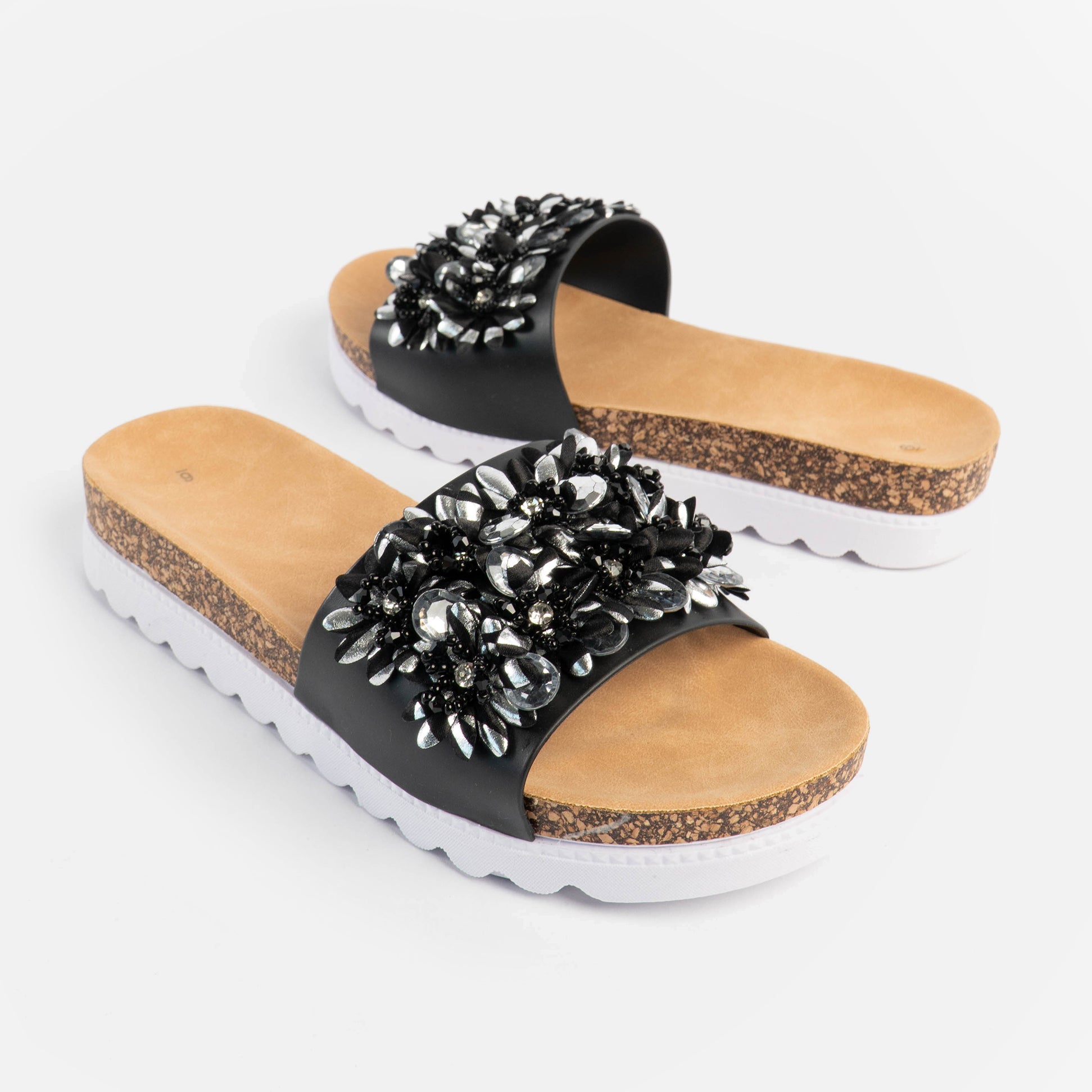 Dr Keller GLITZY Womens Slides Black side view with decorative embellishments and lightweight sole.