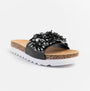 Dr Keller GLITZY Womens Slides Black side view with decorative embellishments and cork-style sole.