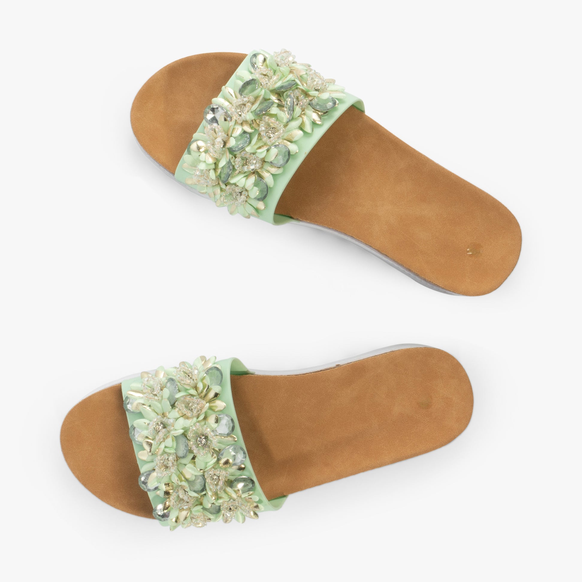 Dr Keller GLITZY Womens Slides Lime Green top view with floral embellishments on the strap.