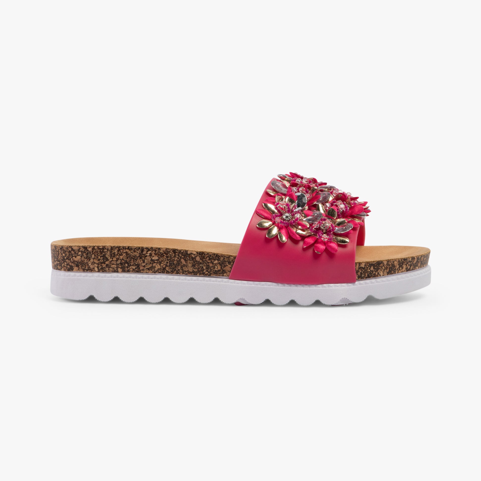 Dr Keller GLITZY Womens Slides Fushia Pink side view showcasing decorative flowers and lightweight design.
