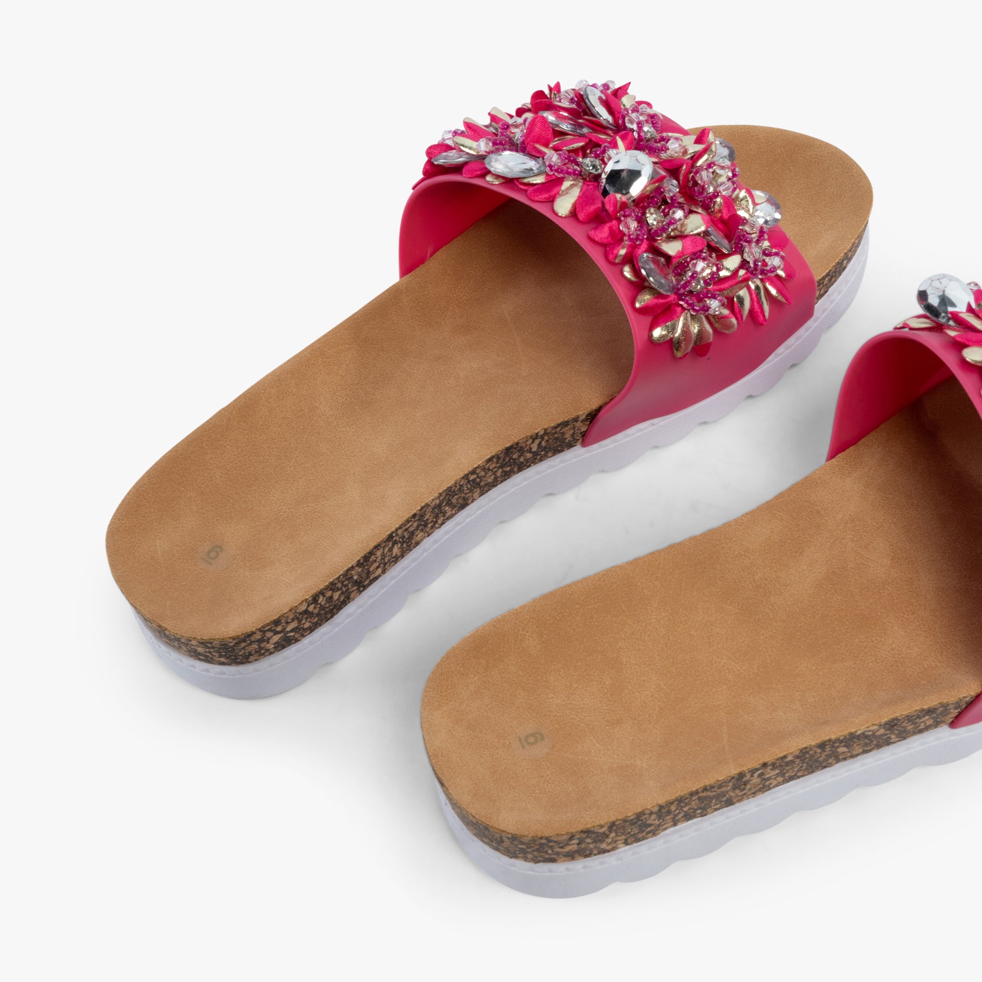 Dr Keller GLITZY Womens Slides Fushia Pink top view showcasing decorative embellishments and slip-on design.