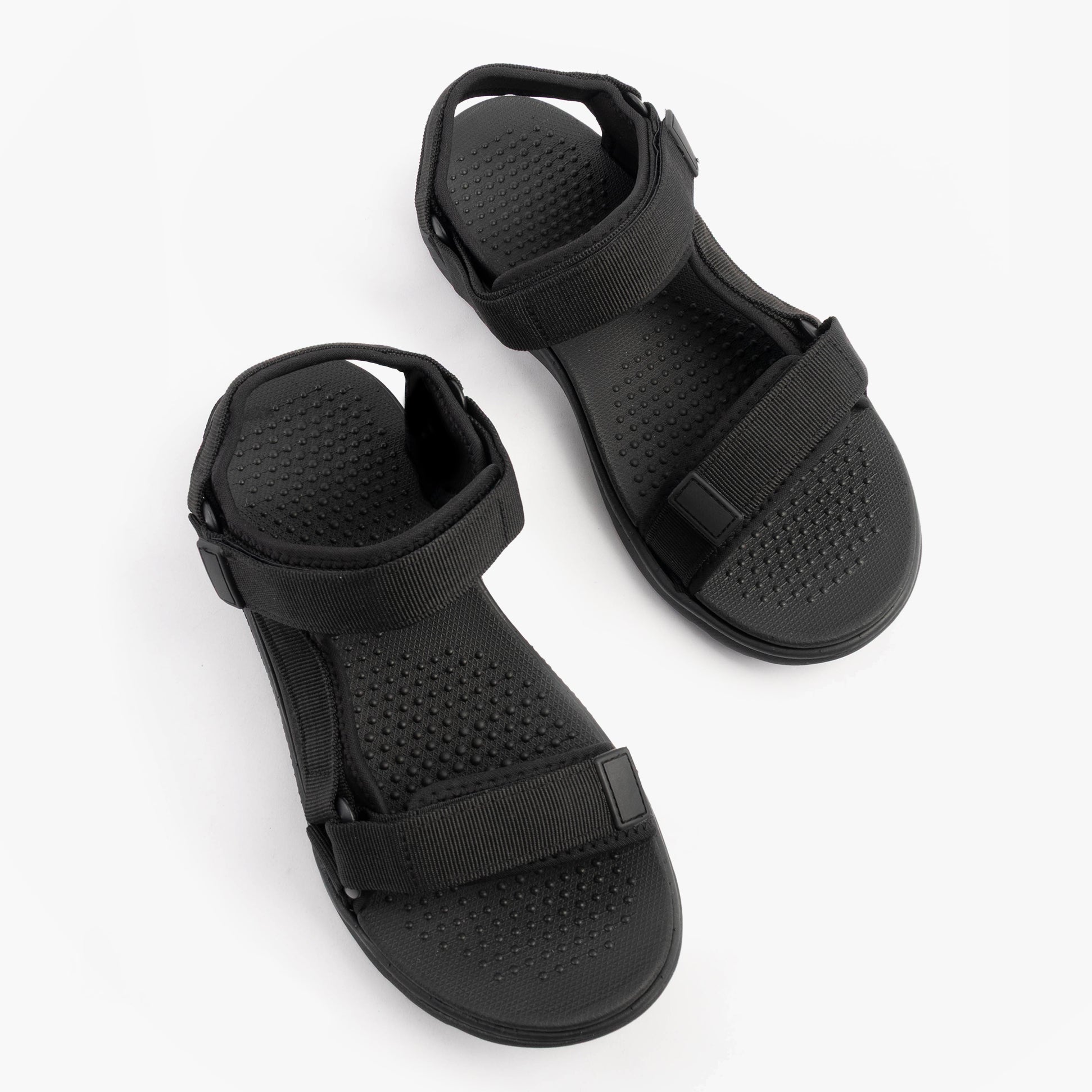 Dr Keller TREK Mens Sandals Black overhead view with touch fasten straps and textured soles.