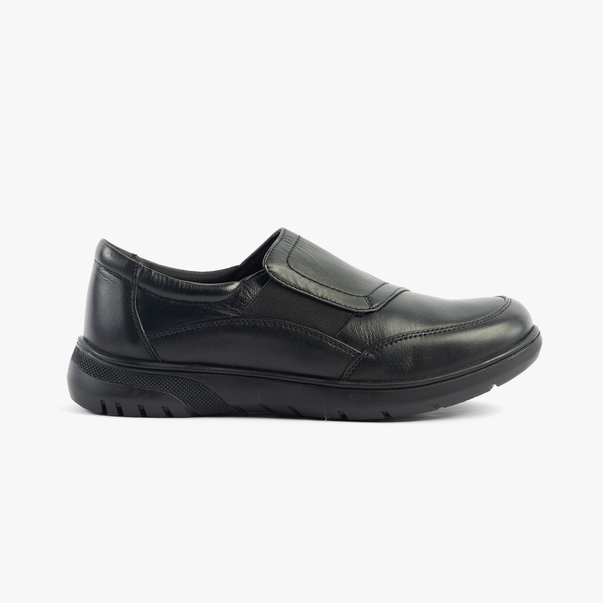 Dr Keller CHLOE Womens Shoes Black side view showcasing leather upper and touch fasten detail