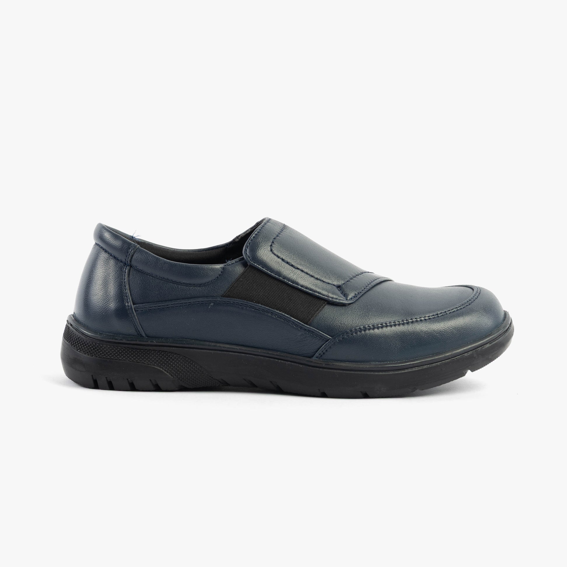 Dr Keller CHLOE Womens Shoes Navy side view showing casual leather design and touch fasten closure.