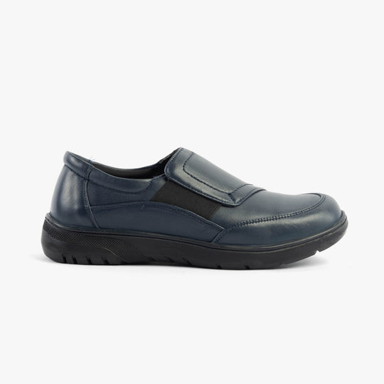 Dr Keller CHLOE Womens Shoes Navy side view showing casual leather design and touch fasten closure.