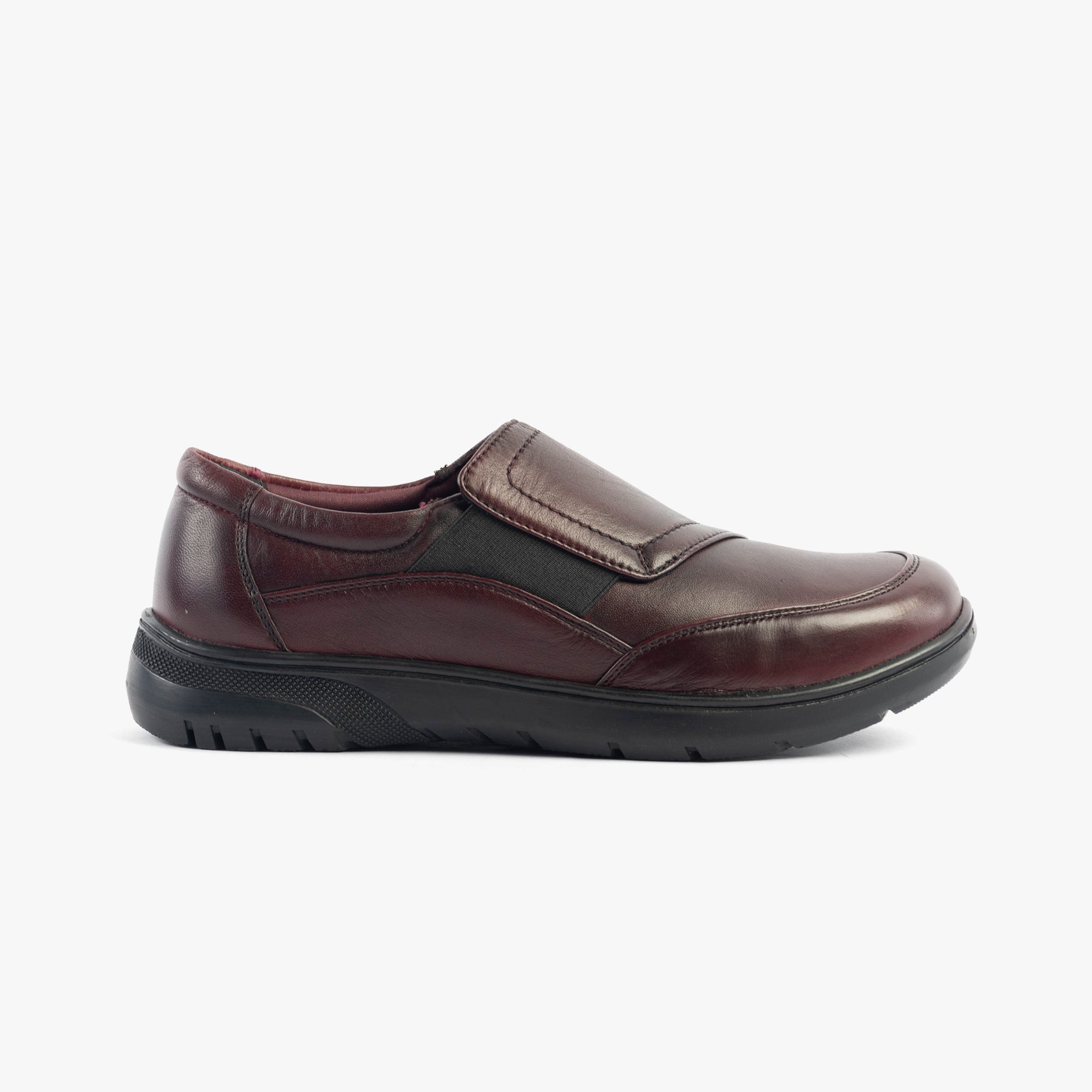 Dr Keller CHLOE Womens Shoes Burgundy side view showing leather upper and touch fasten closure.