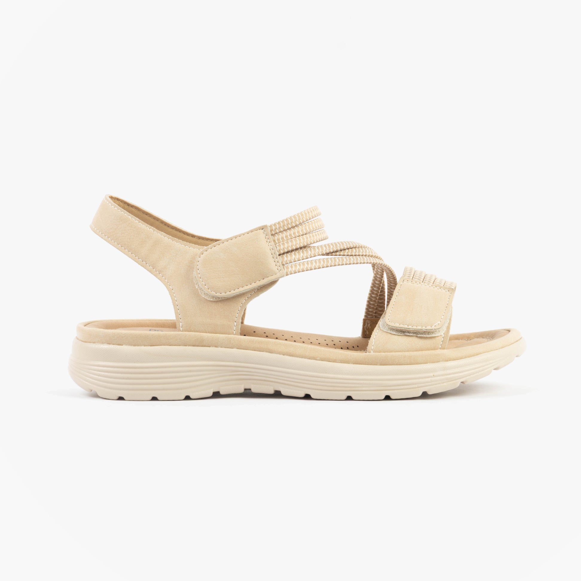 Dr Keller GINA Womens Sandals Beige side view, featuring textile upper, synthetic lining and low heel.