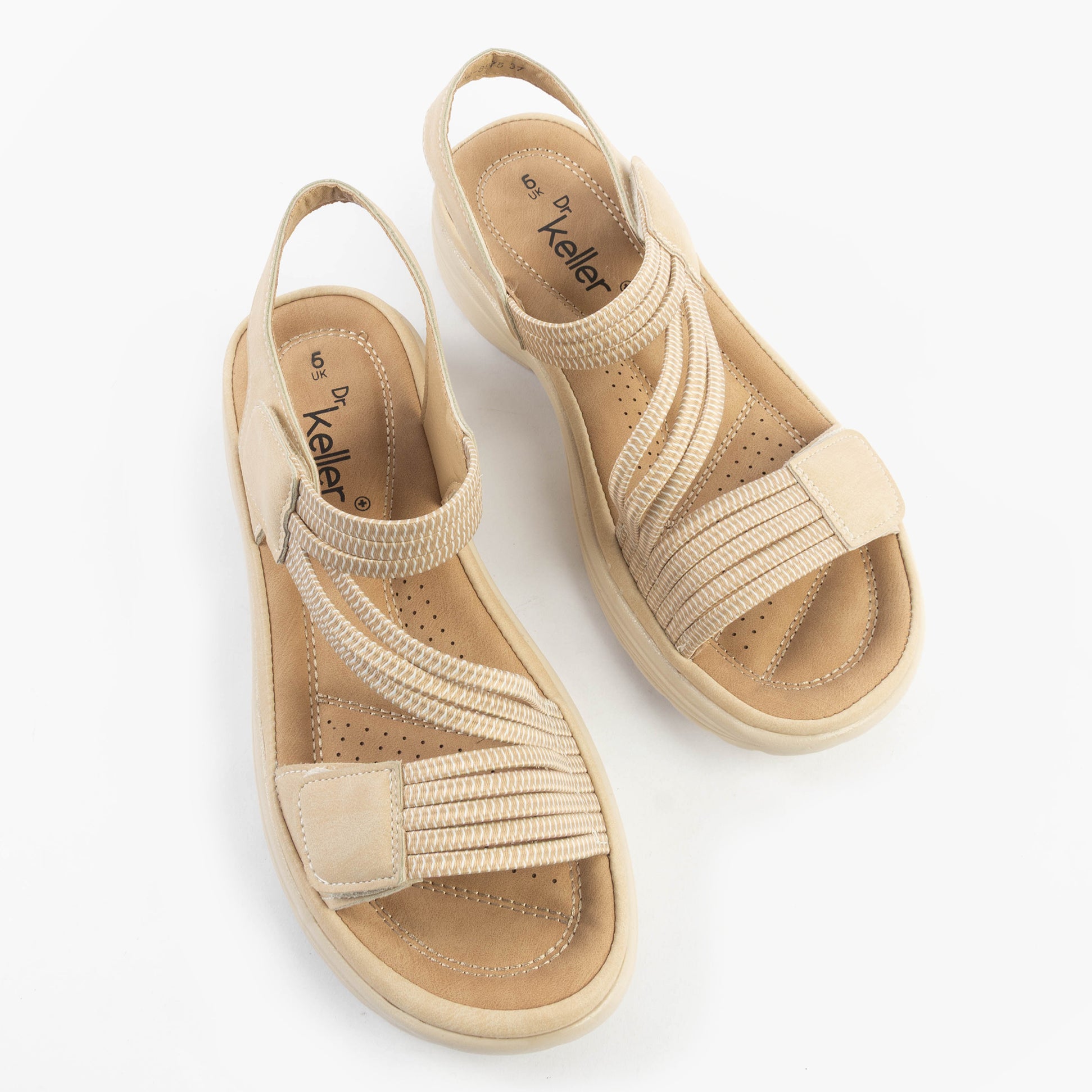 Dr Keller GINA Womens Sandals Beige top view showcasing the textile upper and comfort features.