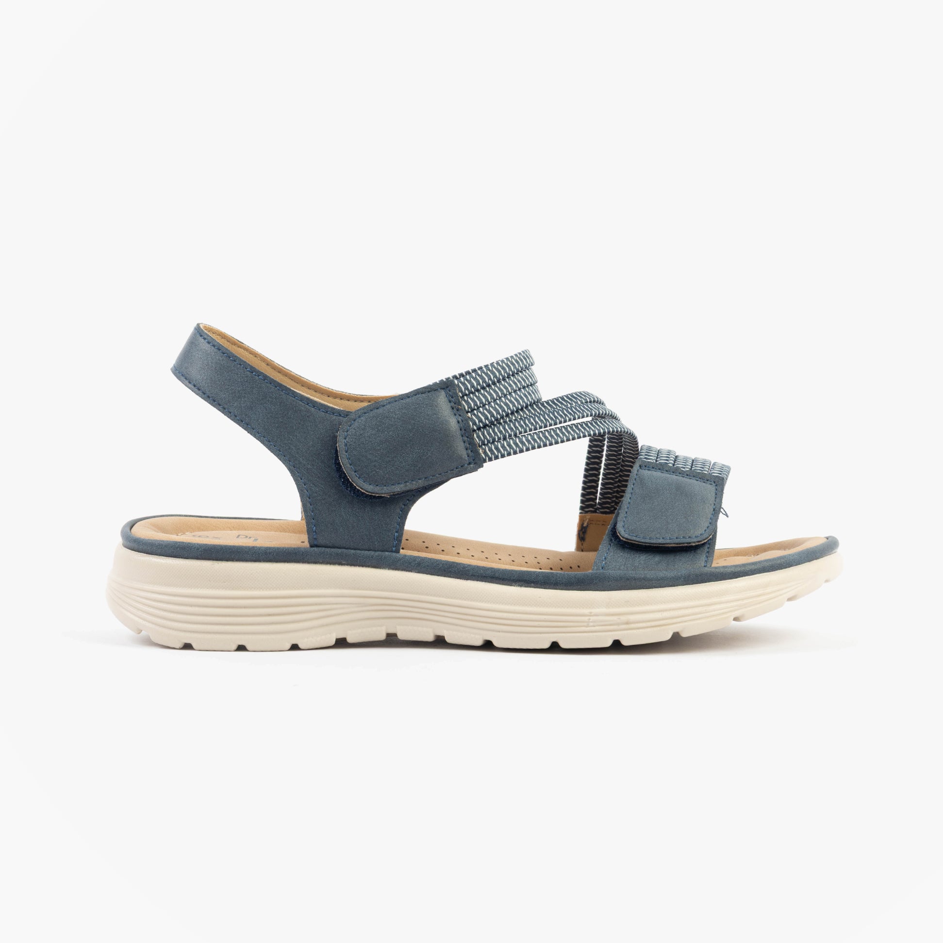 Dr Keller GINA Womens Sandals Navy side view showing textile upper, comfort design, and touch fasten closure.