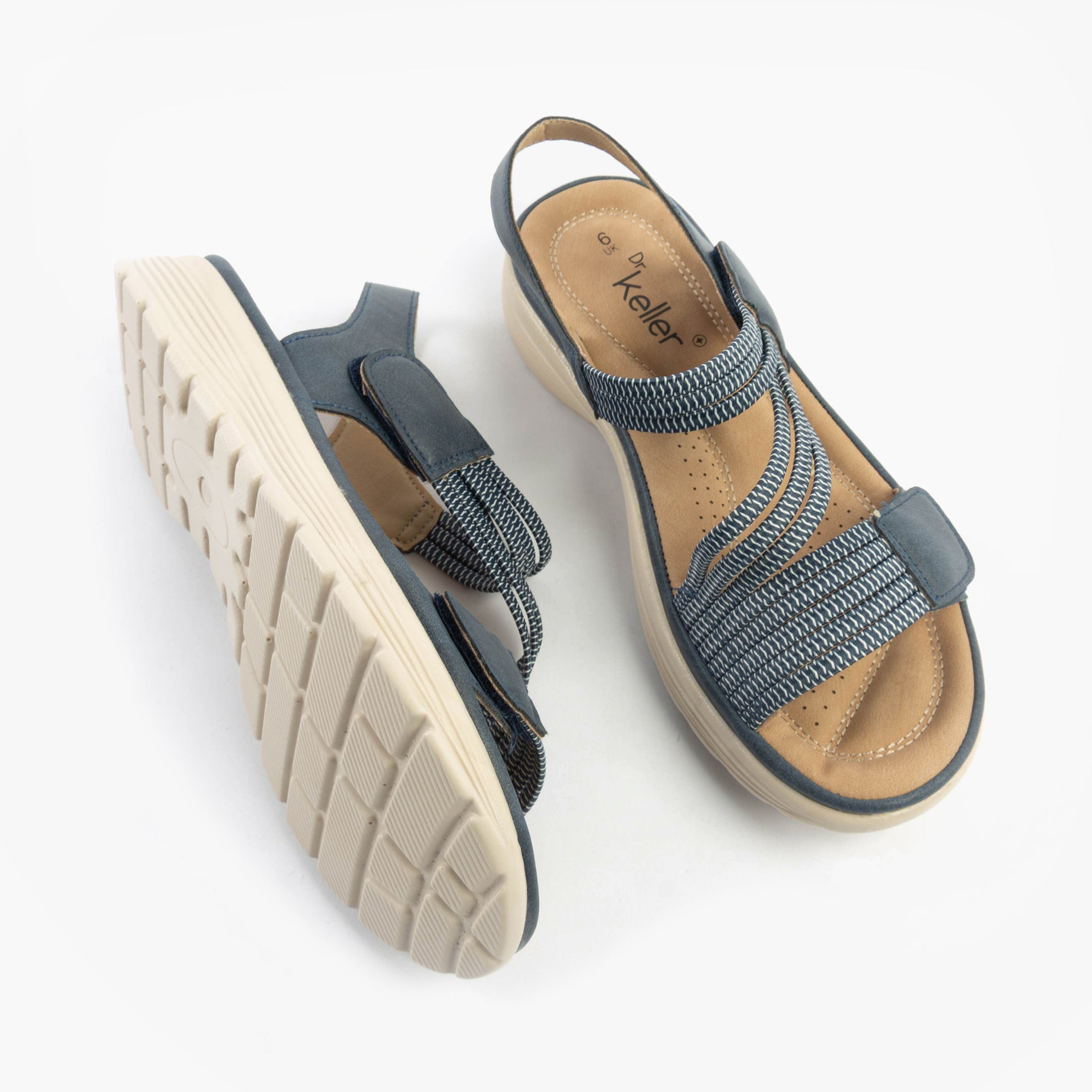 Dr Keller GINA Womens Sandals Navy side view showing textile upper and synthetic sole with touch fasten closure.