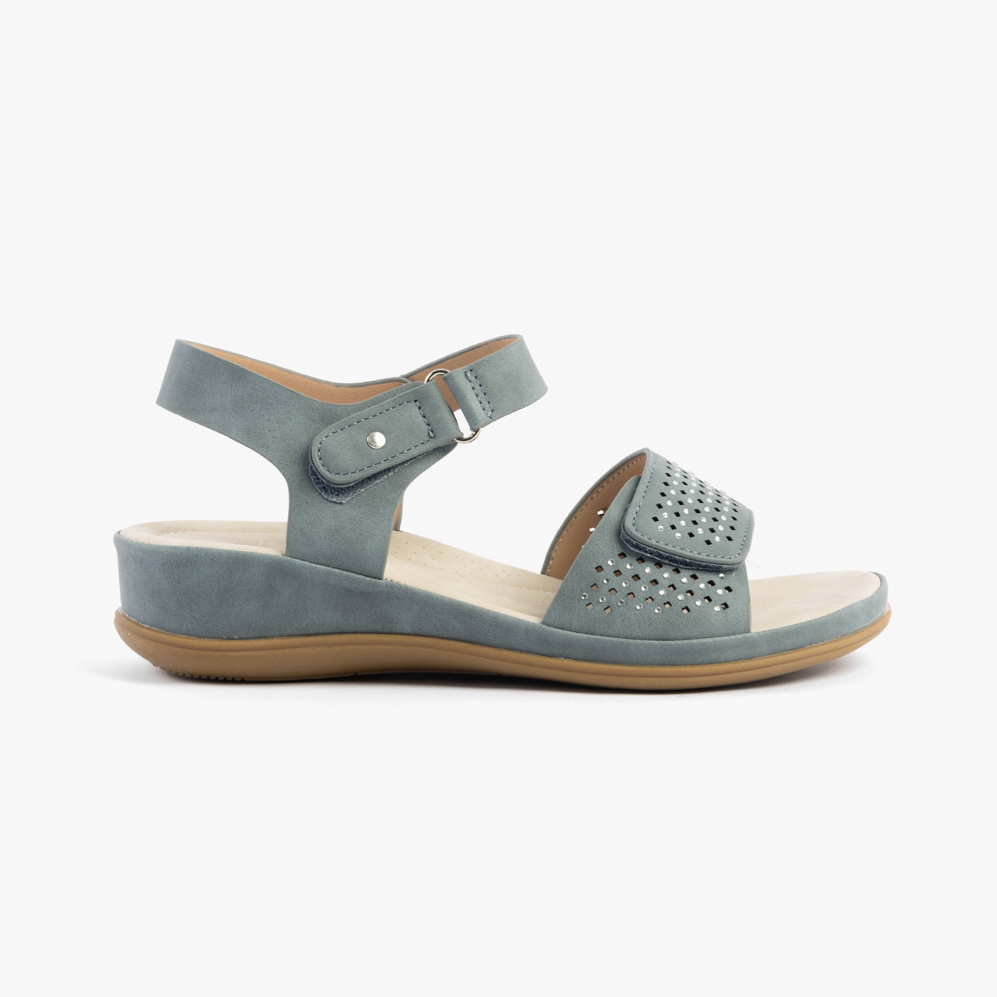 Dr Keller LUNA Womens Sandals Navy side view featuring faux leather, wedge heel, touch fasten design.