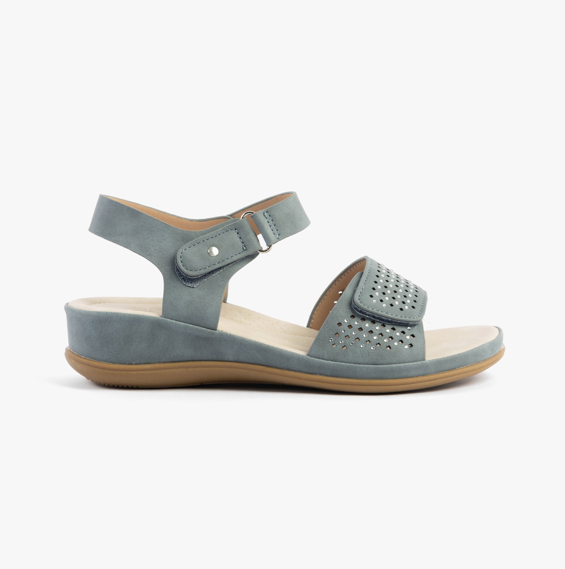 Dr Keller LUNA Womens Sandals Navy side view featuring faux leather, wedge heel, touch fasten design.
