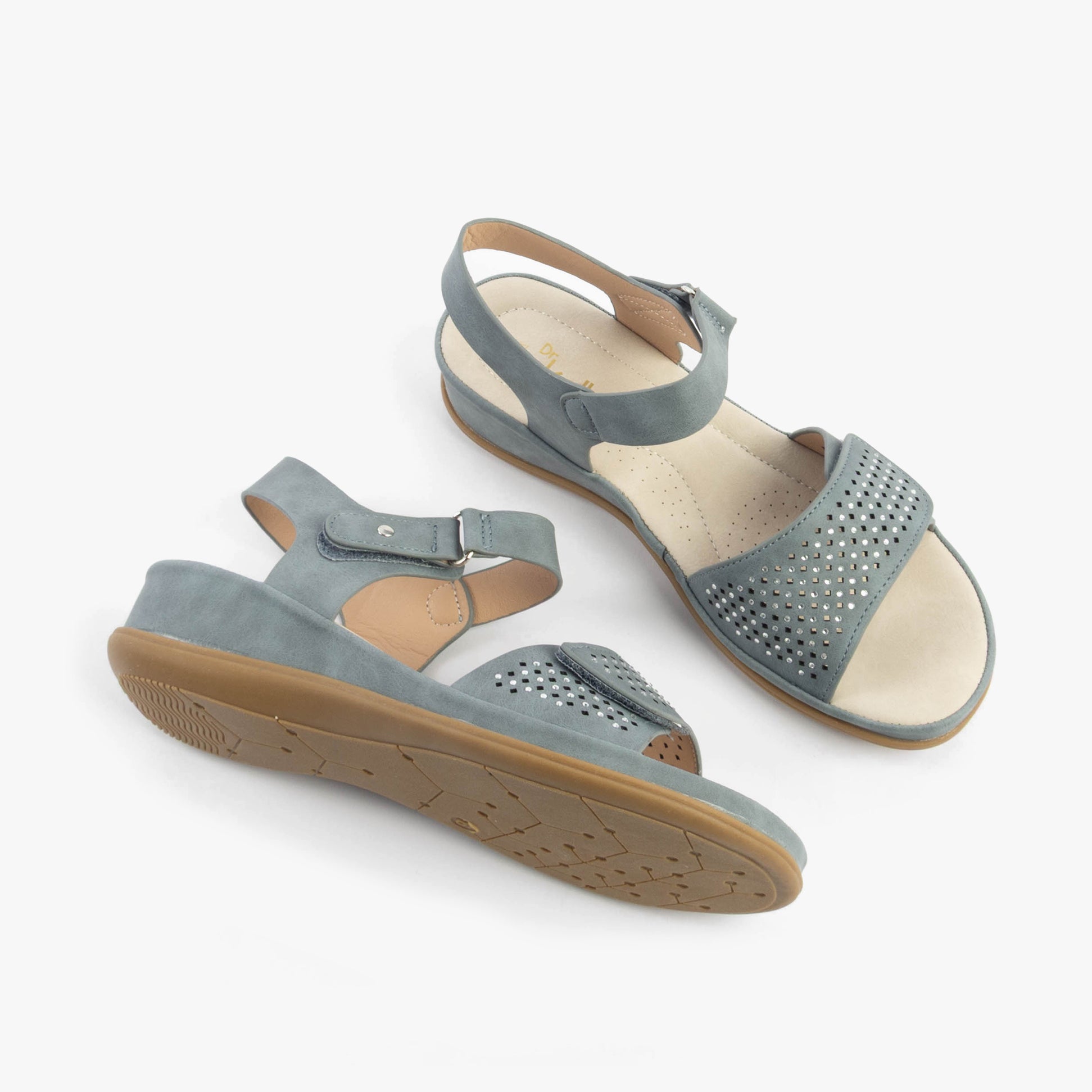 Dr Keller LUNA Womens Sandals Navy side view and top view showing faux leather and wedge heel design.