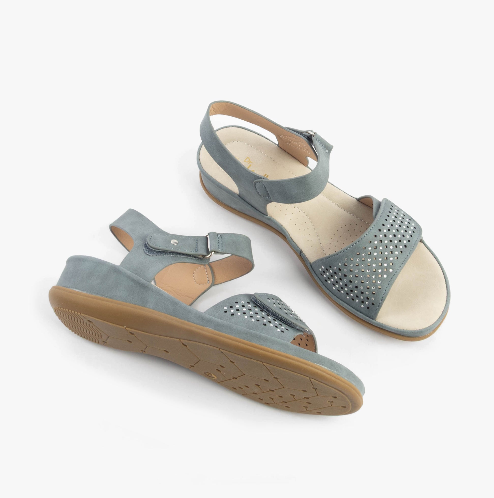 Dr Keller LUNA Womens Sandals Navy side view and top view showing faux leather and wedge heel design.