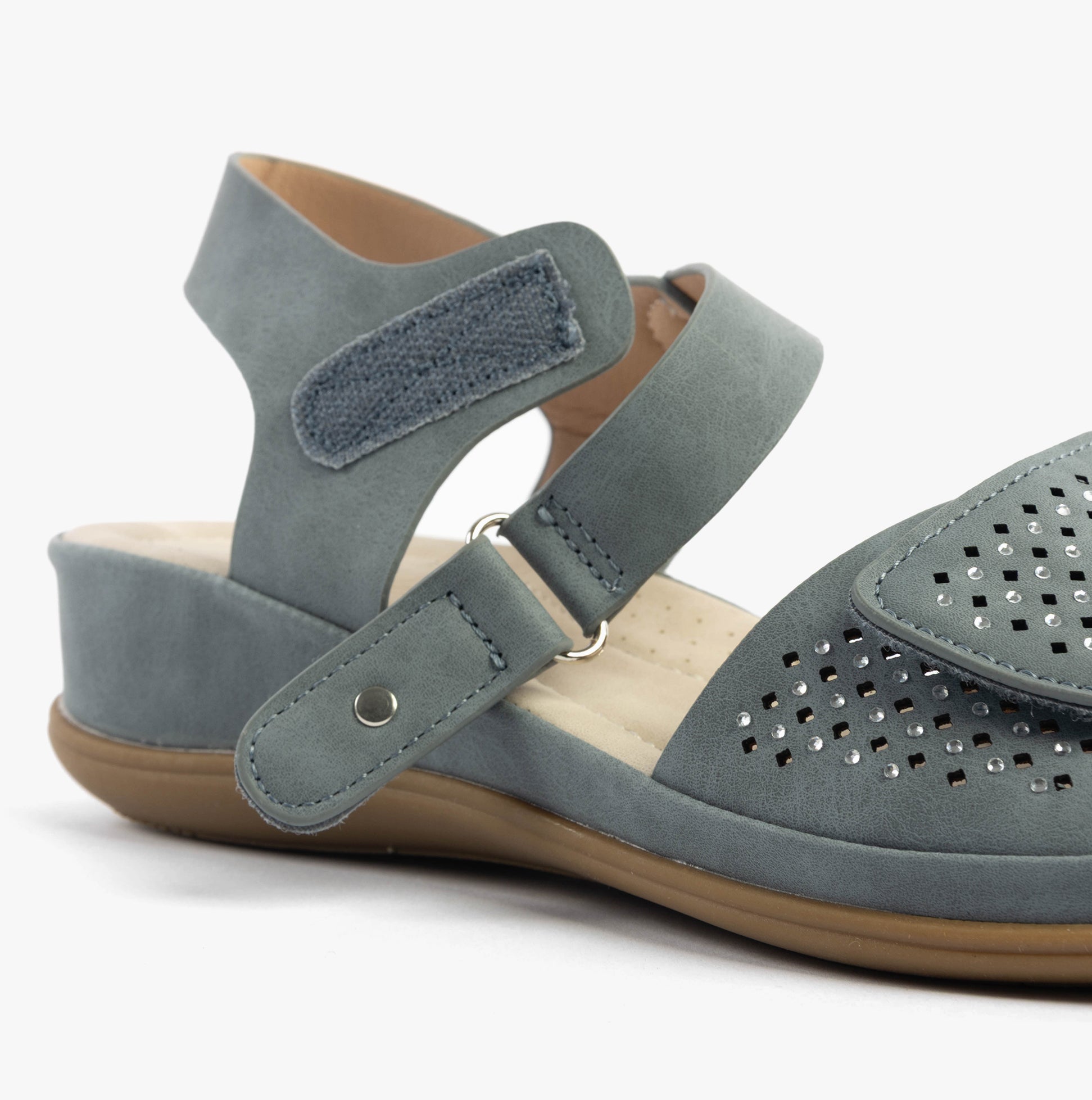 Dr Keller LUNA Womens Sandals Navy side view showcasing faux leather and perforated detailing.