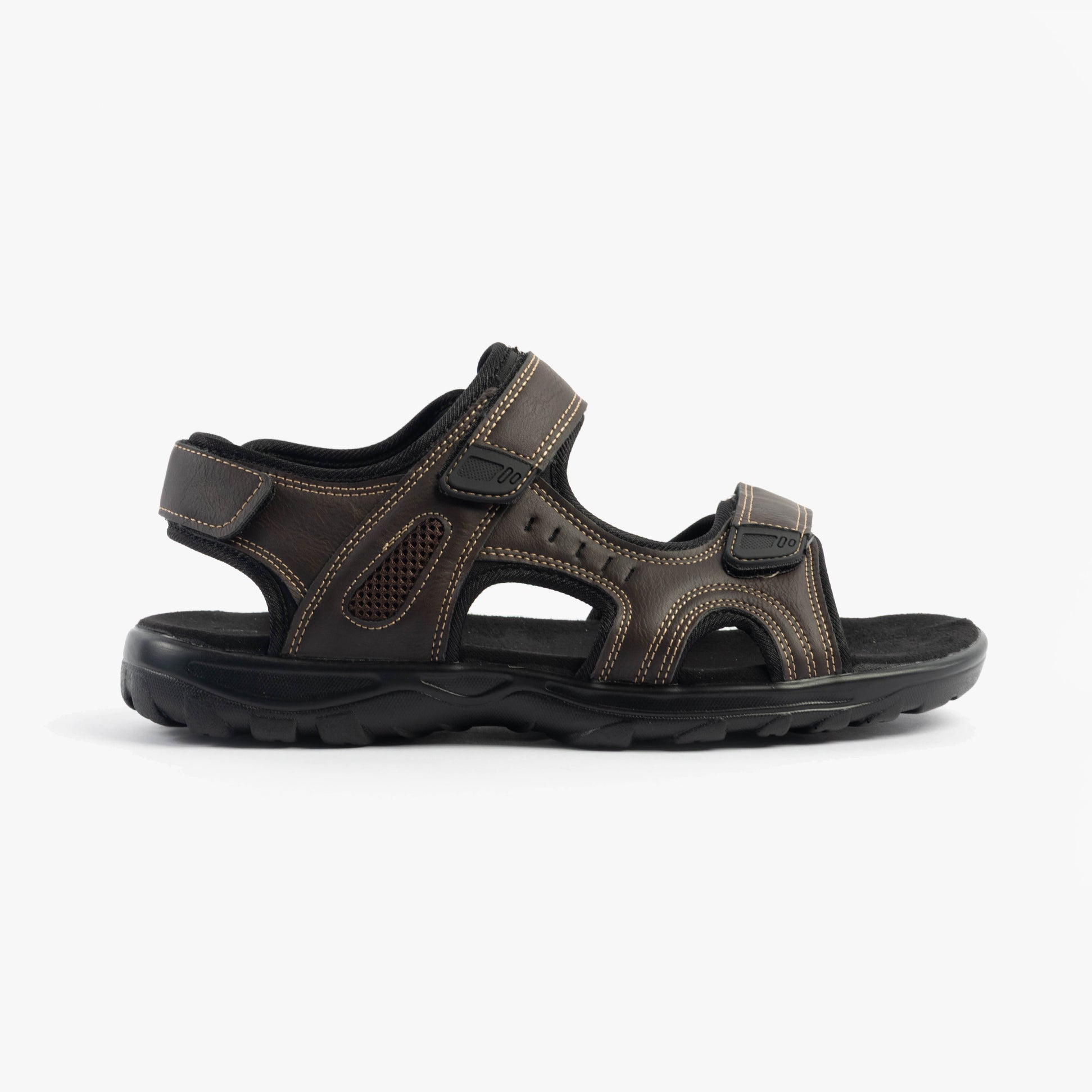 Dr Keller GAVIN Mens Sandals Brown side view showing textile upper, rubber sole, and touch fasten closure.