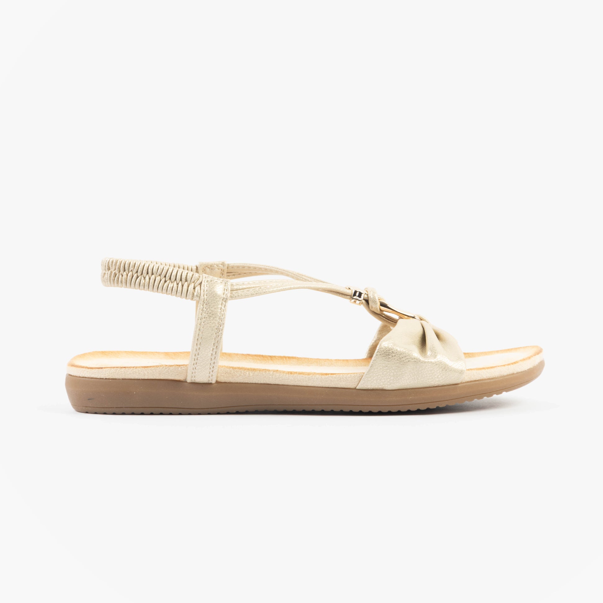 Dr Keller JAN Womens Sandals Gold Metallic side view with synthetic upper and flat rubber sole.