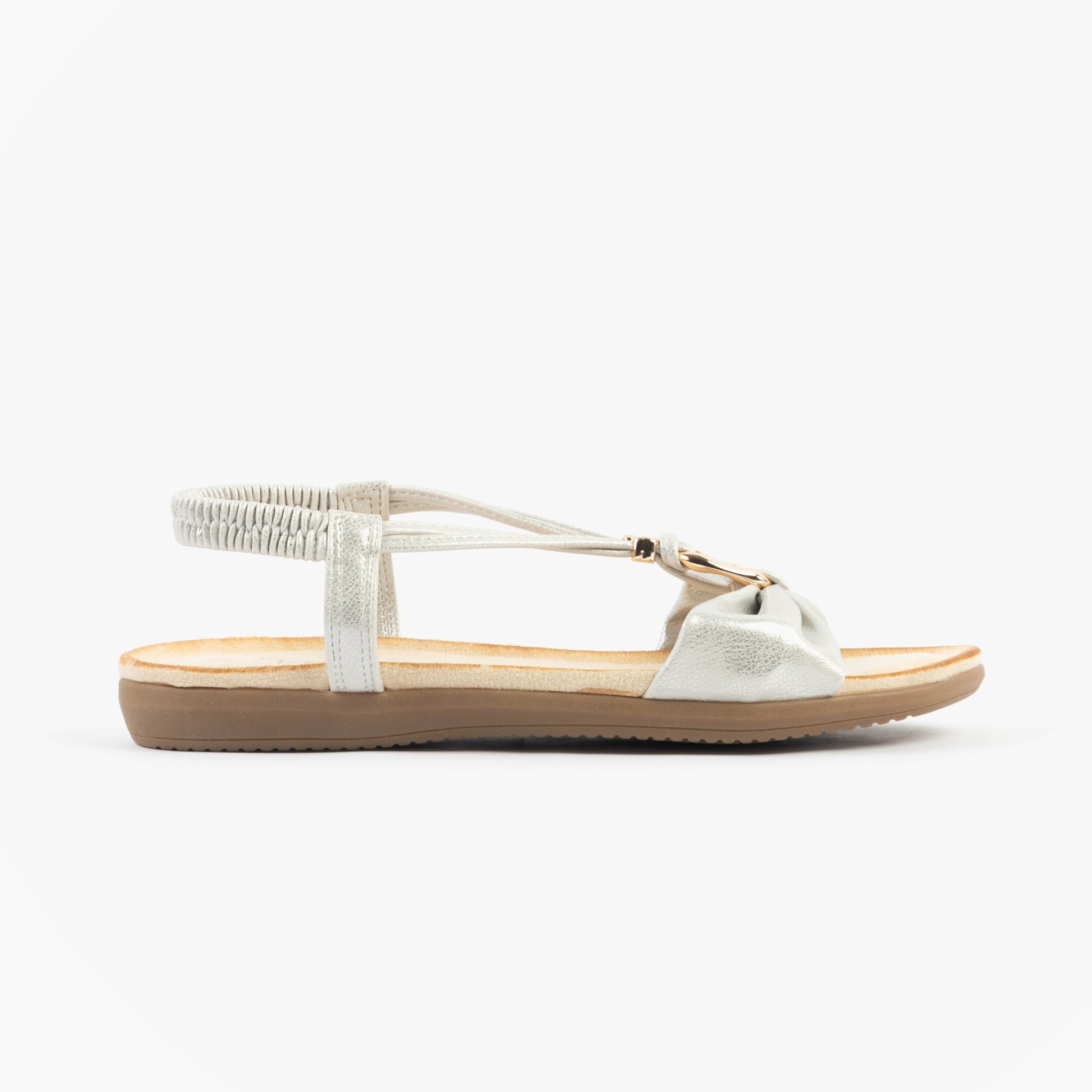 Dr Keller JAN Womens Sandals White Metallic side view with flat sole and slip-on design for comfort.