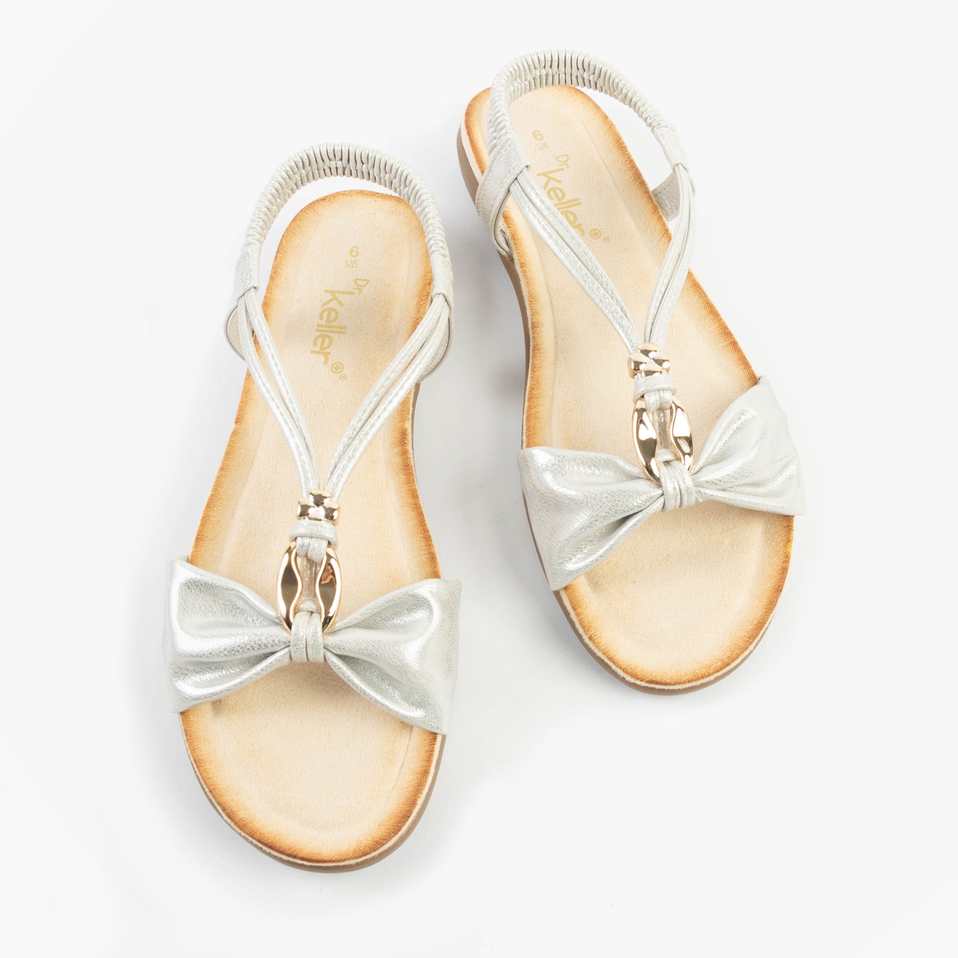 Dr Keller JAN Womens Sandals White Metallic, top view showcasing bow detail and synthetic upper.