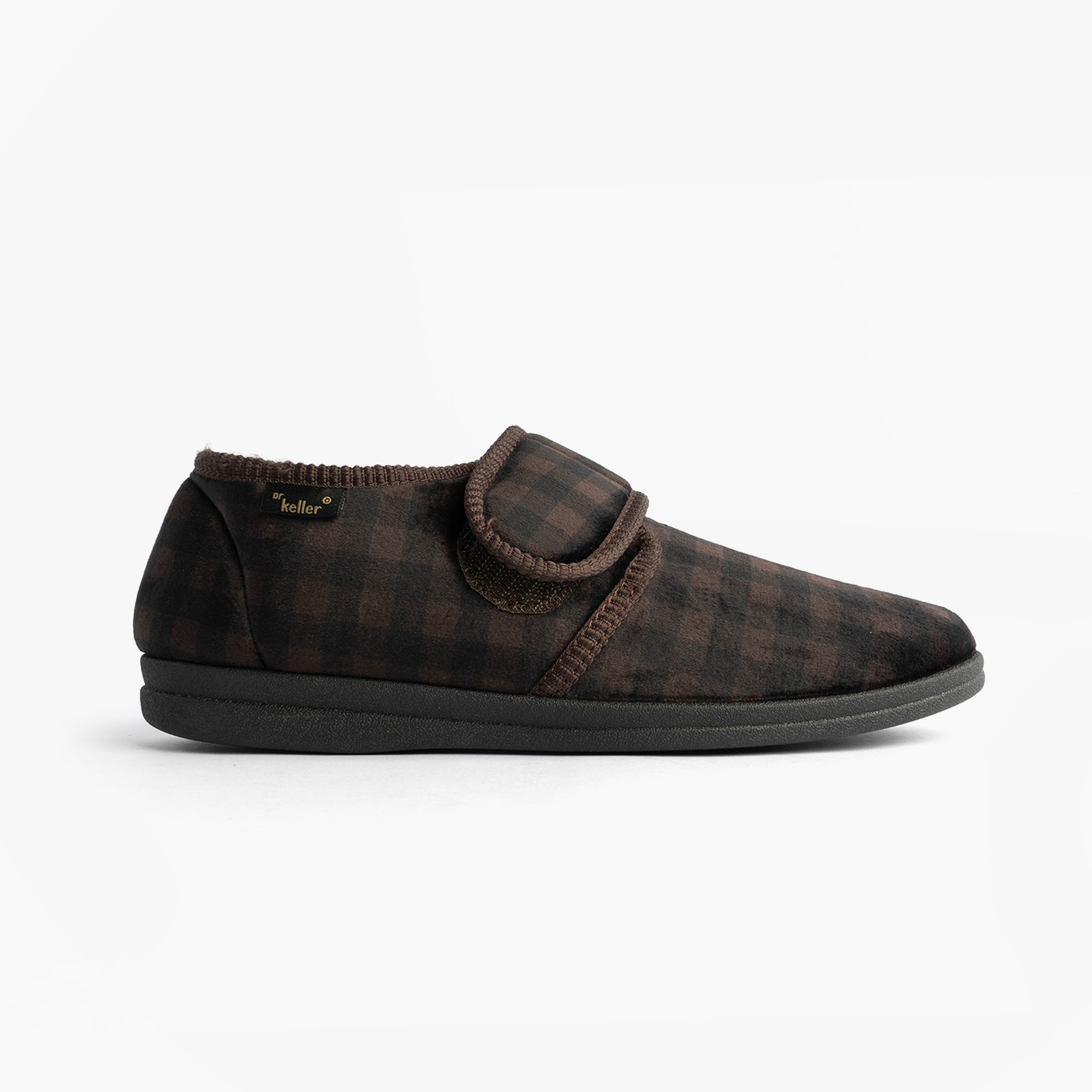 Dr Keller DARREN VELC Mens Slippers Brown side view, textile upper, slip-on design, lightweight, flat sole.