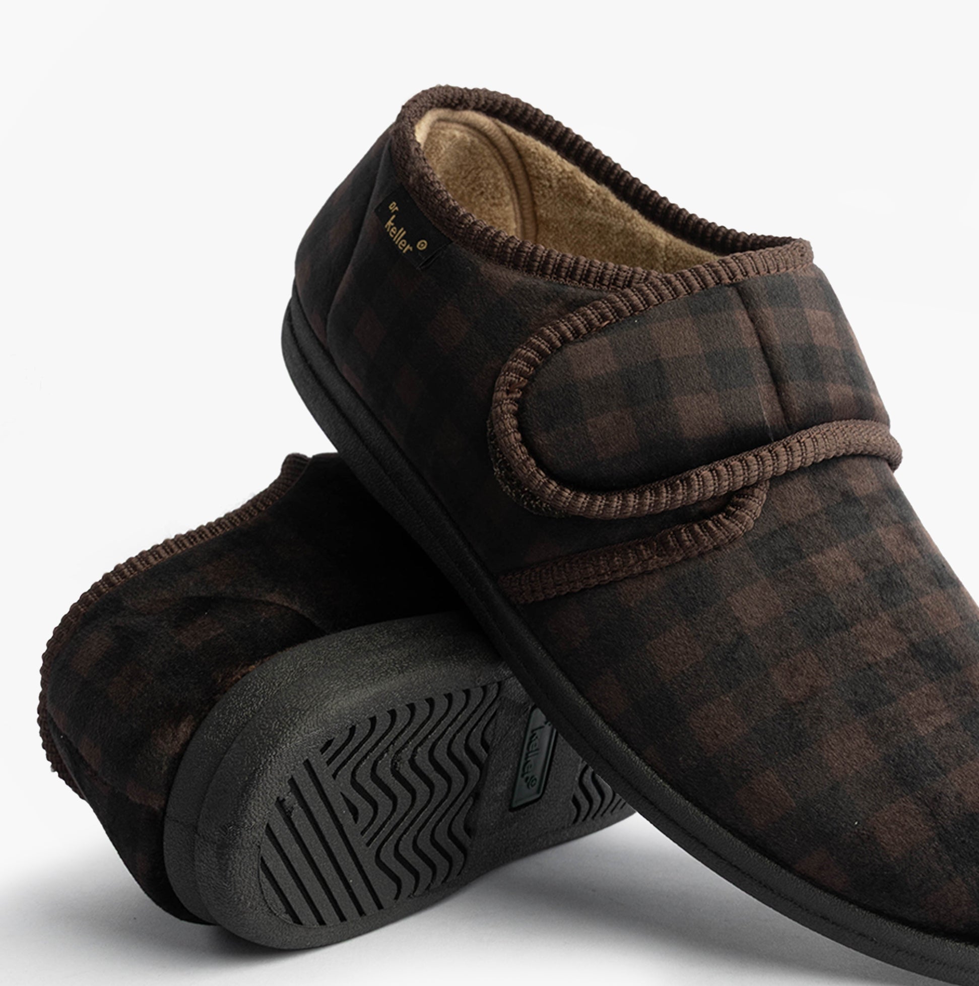 Dr Keller DARREN VELC Mens Slippers Brown side view showing checkered pattern and slip-on design.