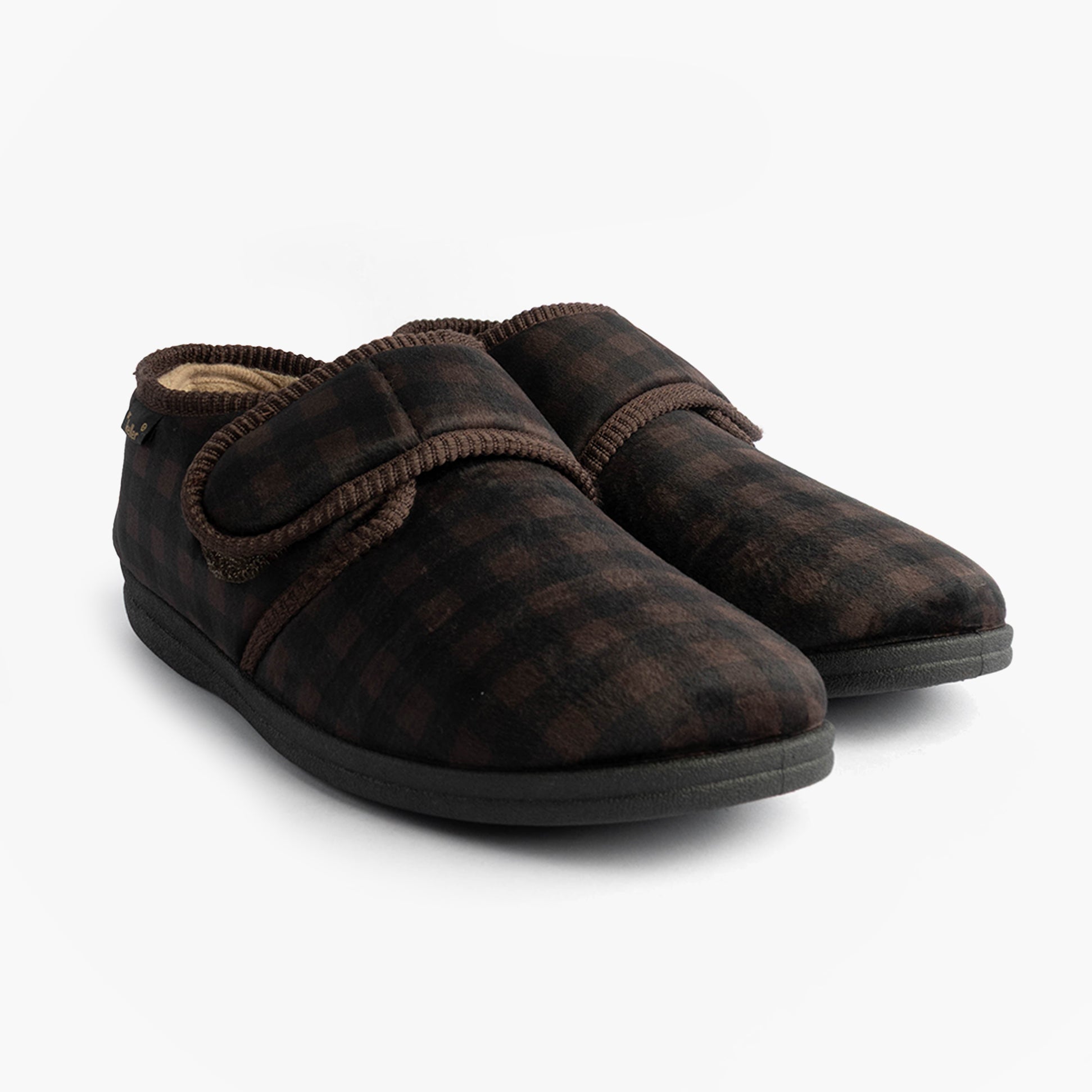 Dr Keller DARREN VELC Mens Slippers Brown side view showing textile upper and slip-on design.