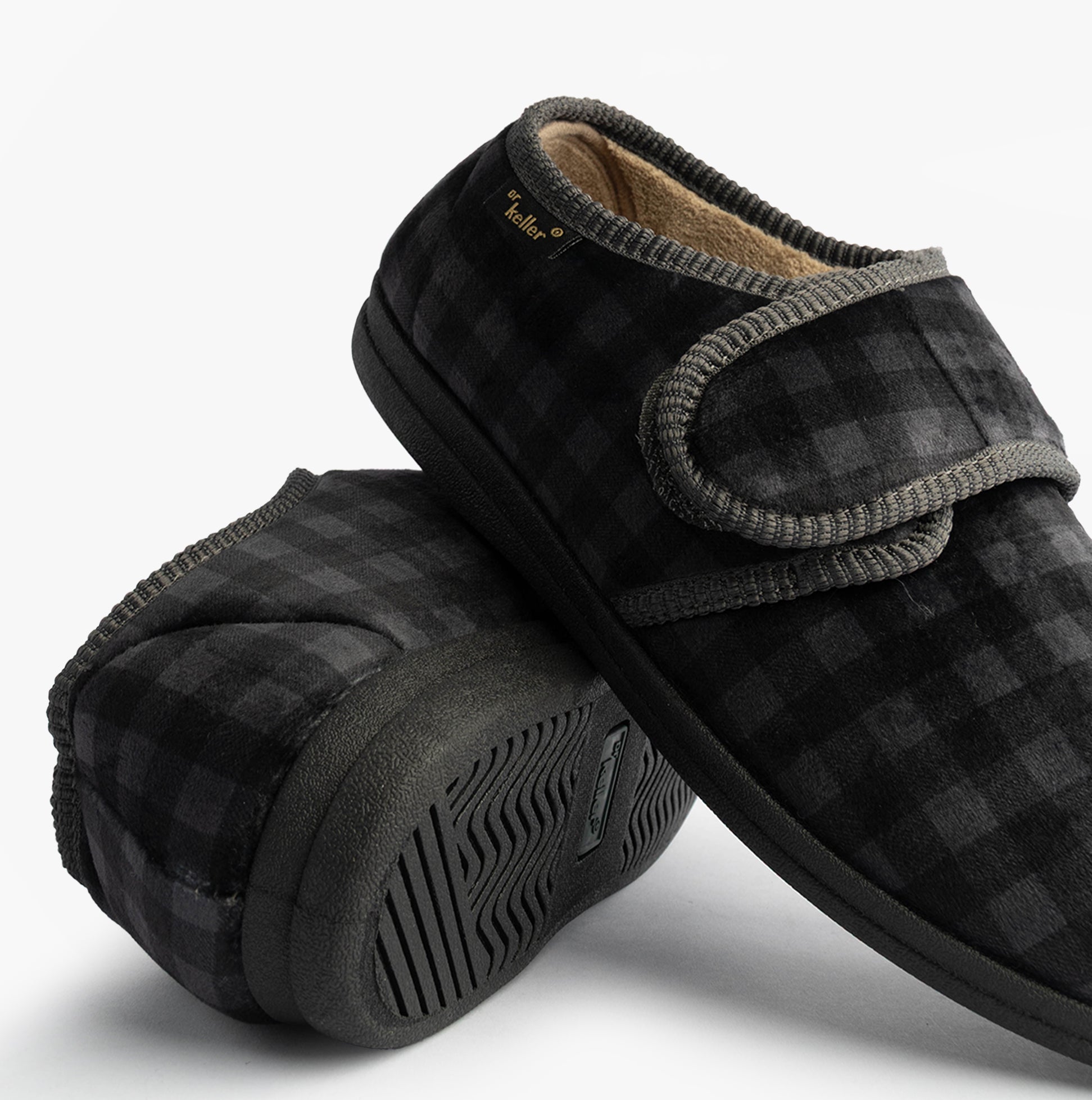 Dr Keller DARREN VELC Mens Touch Fasten Slippers Grey side view showcasing the slip-on design and Velcro fastening.