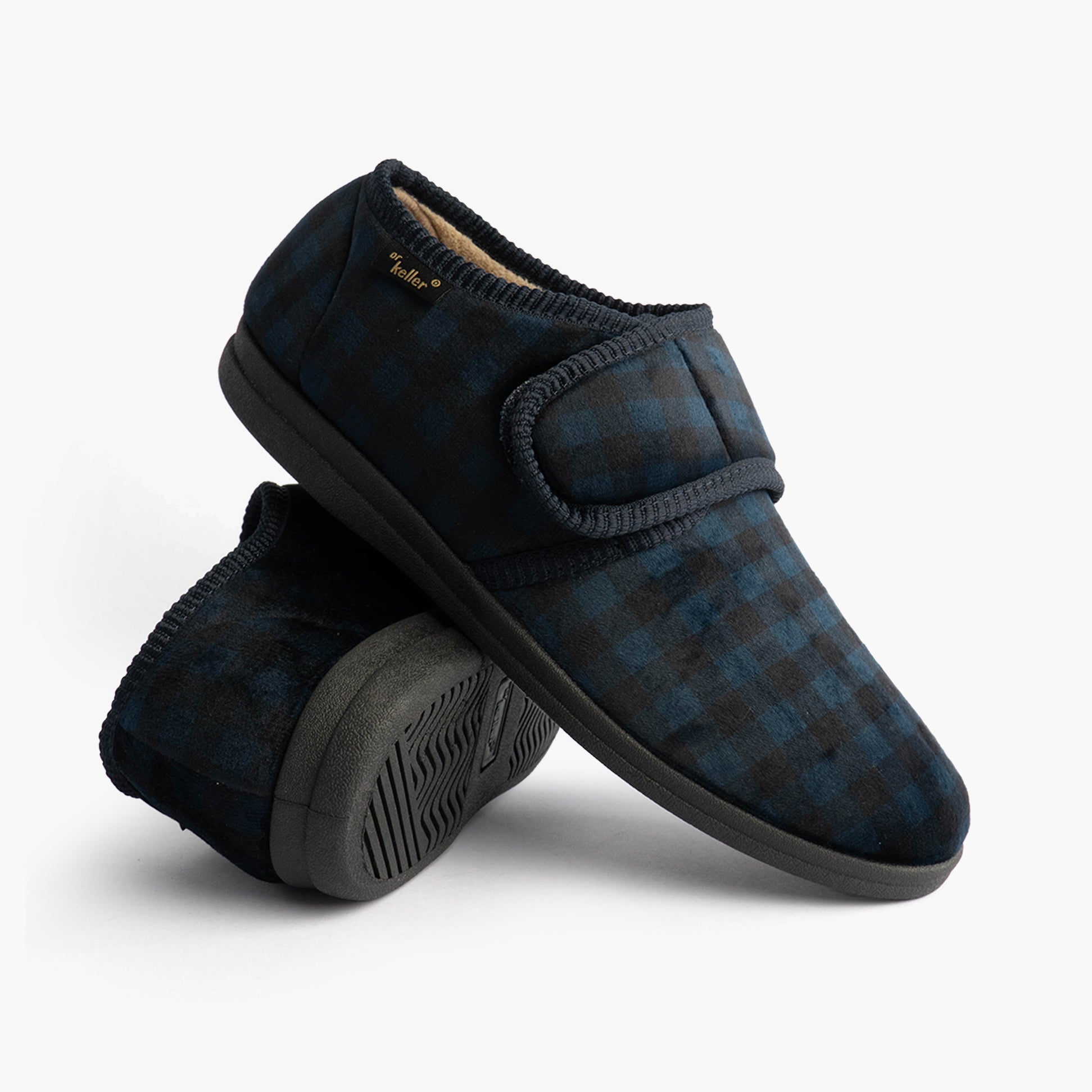 Dr Keller DARREN VELC Mens Slippers Navy side view showing blue checkered design and slip-on closure.