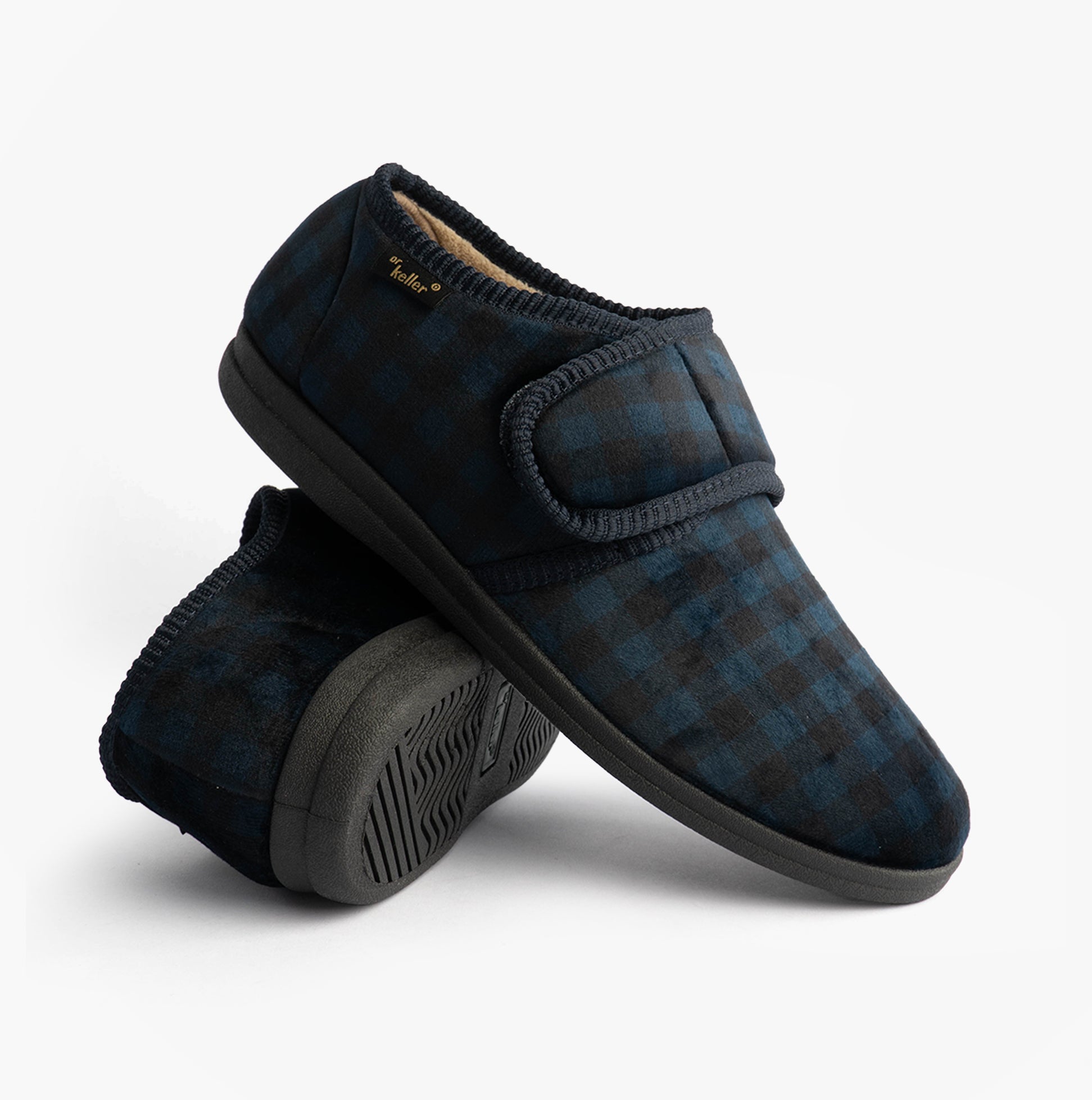 Dr Keller DARREN VELC Mens Slippers Navy side view showing blue checkered design and slip-on closure.