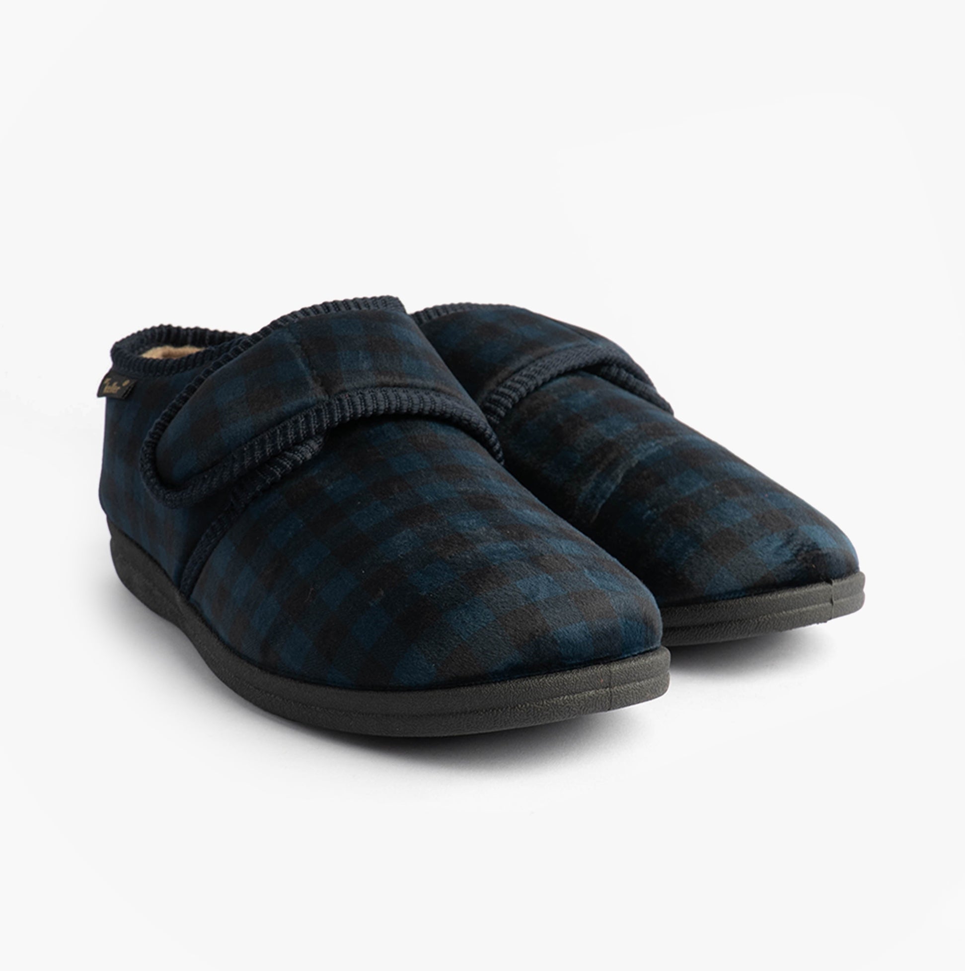 Dr Keller DARREN VELC Mens Slippers Navy side view showcasing checkered textile upper and slip-on design.