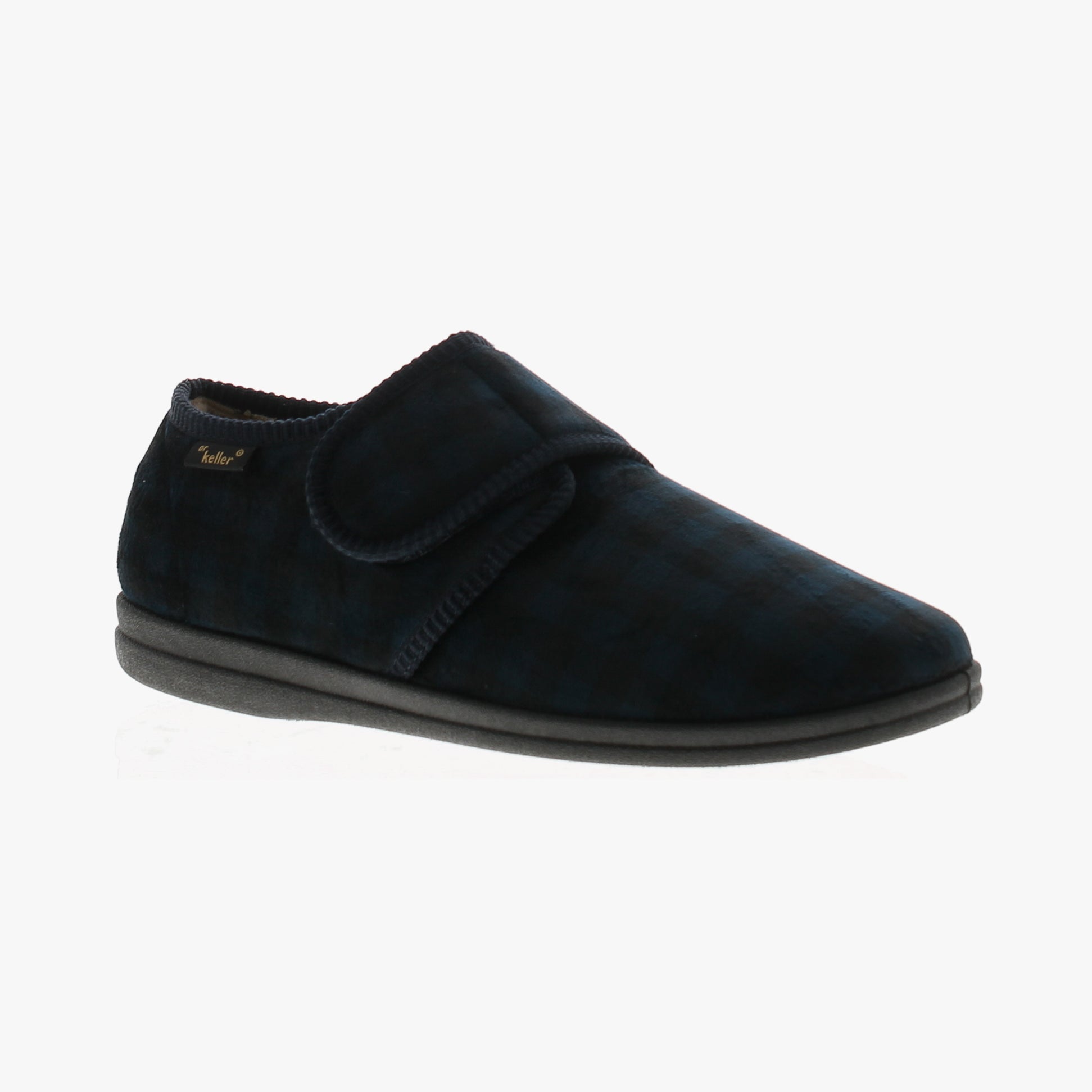 Dr Keller DARREN VELC Mens Slippers Navy side view showing textile upper and slip-on design.