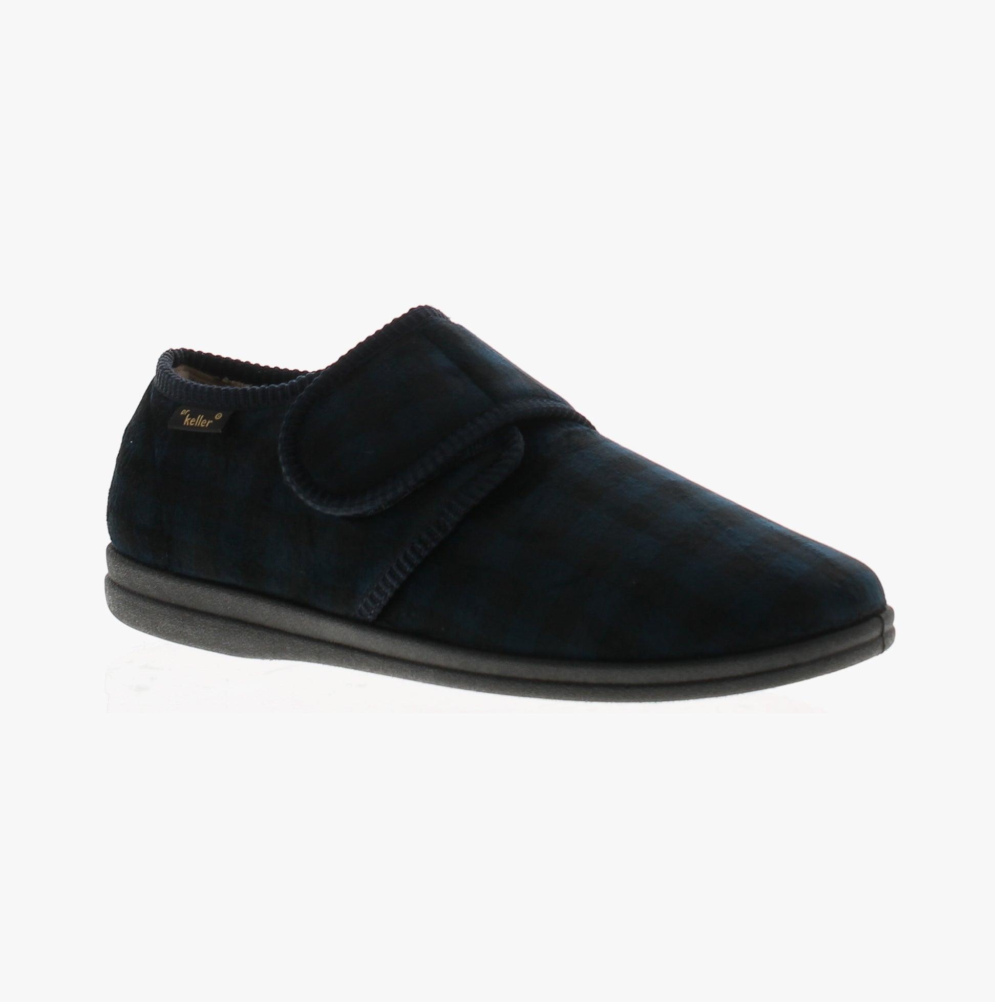 Dr Keller DARREN VELC Mens Slippers Navy side view showing textile upper and slip-on design.
