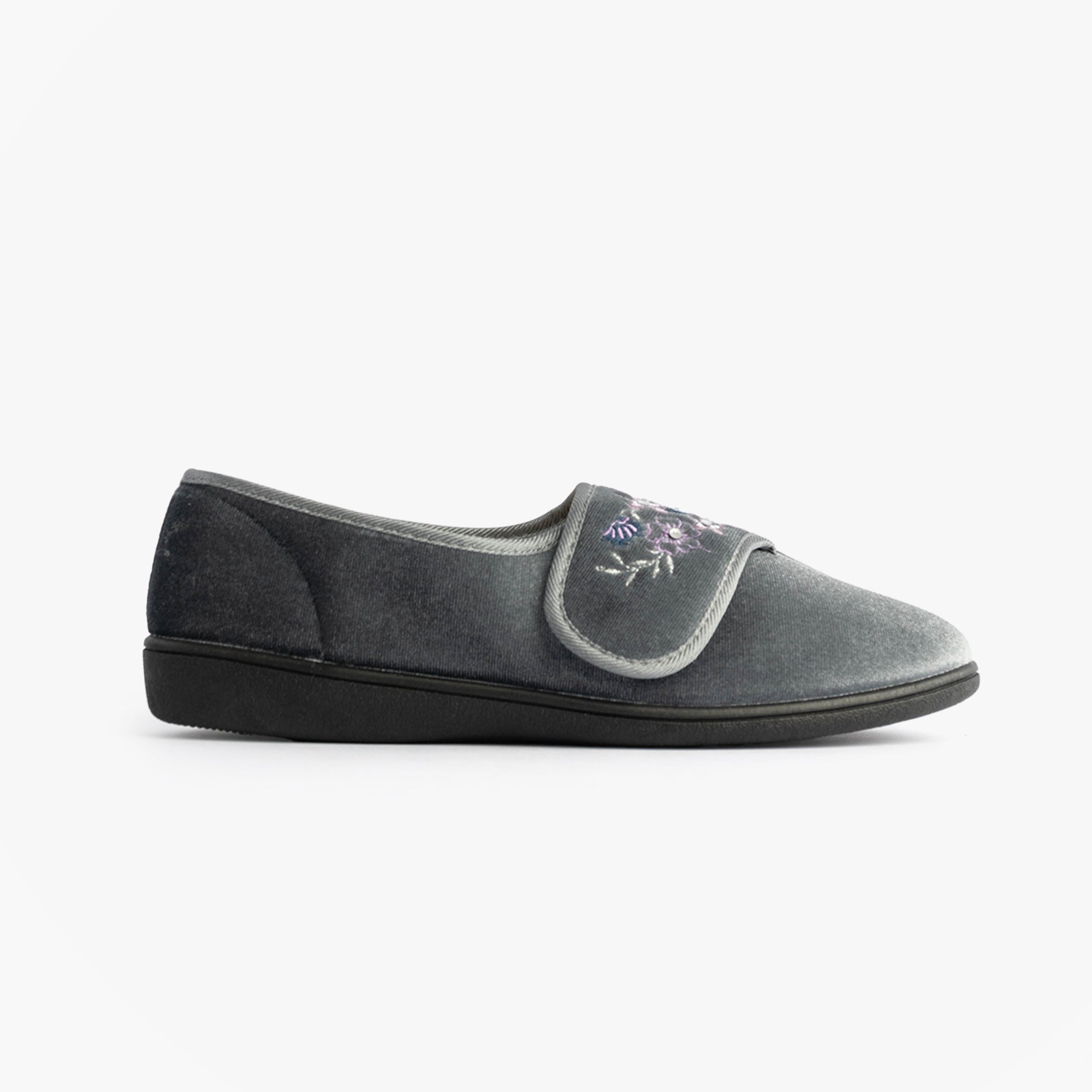 Dr Keller FAYE 2 Womens Slippers Grey side view with touch fasten design and textile upper.