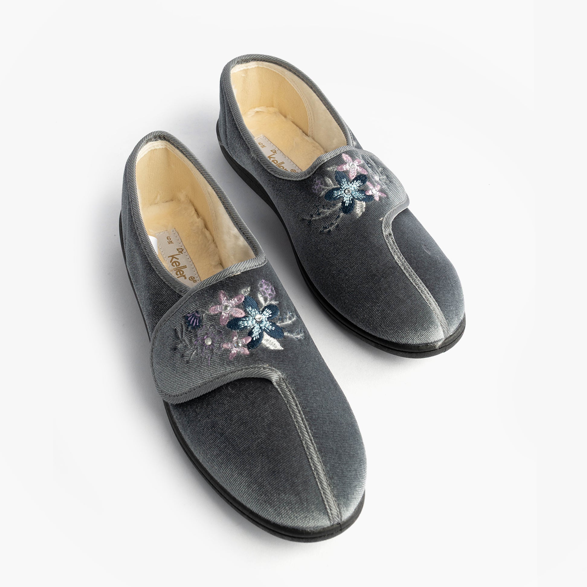 Dr Keller FAYE 2 Womens Slippers Grey top view, featuring floral embroidery and Velcro fasten.