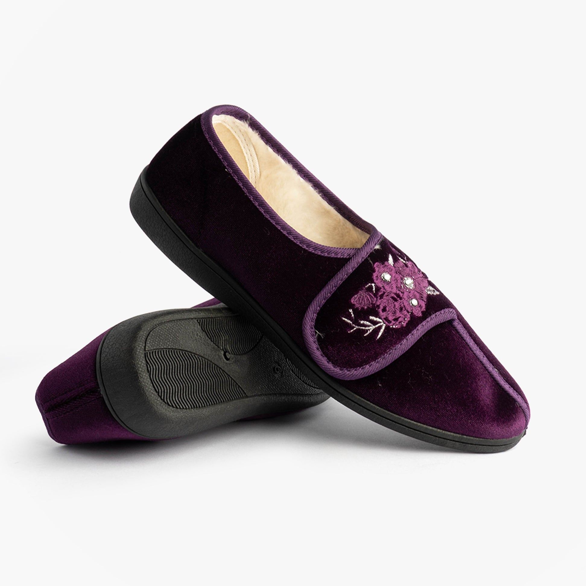 Dr Keller FAYE 2 Womens Slippers Purple, side view showing embroidered details and synthetic sole.