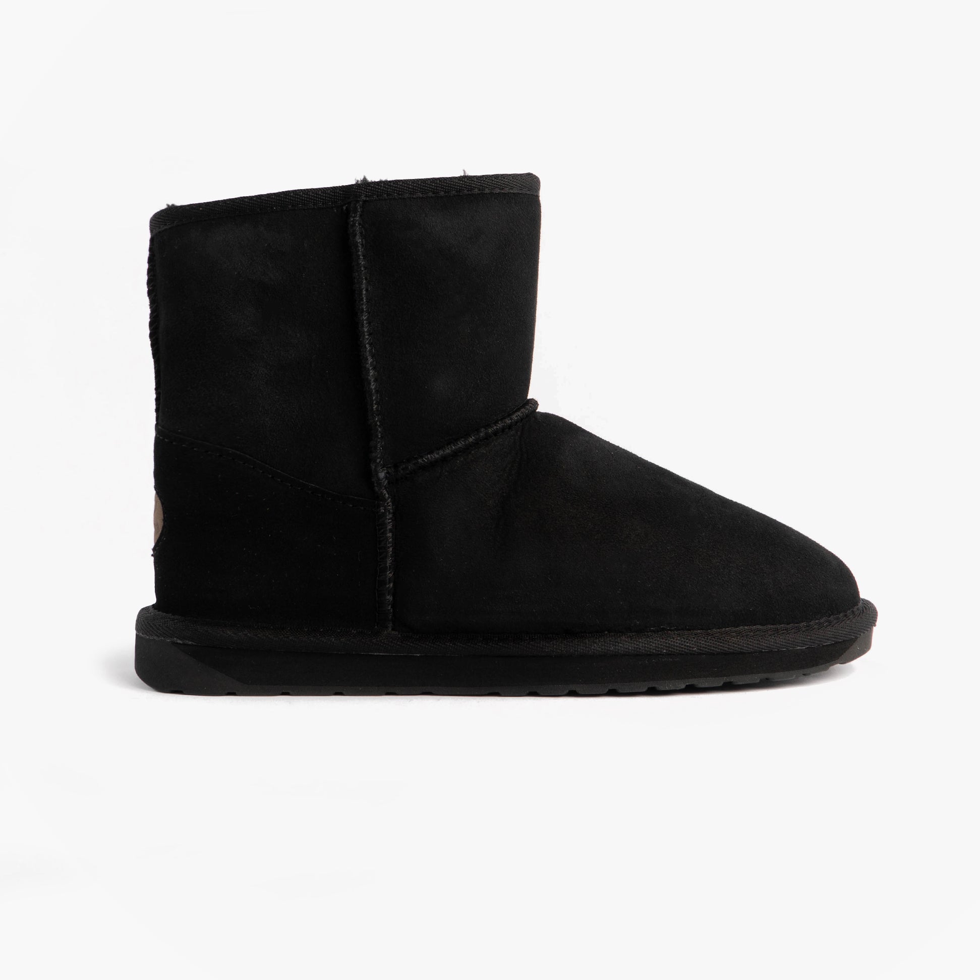 EMU Australia STINGER MINI Womens Sheepskin Boot Black side view showing shearling material and round toe shape