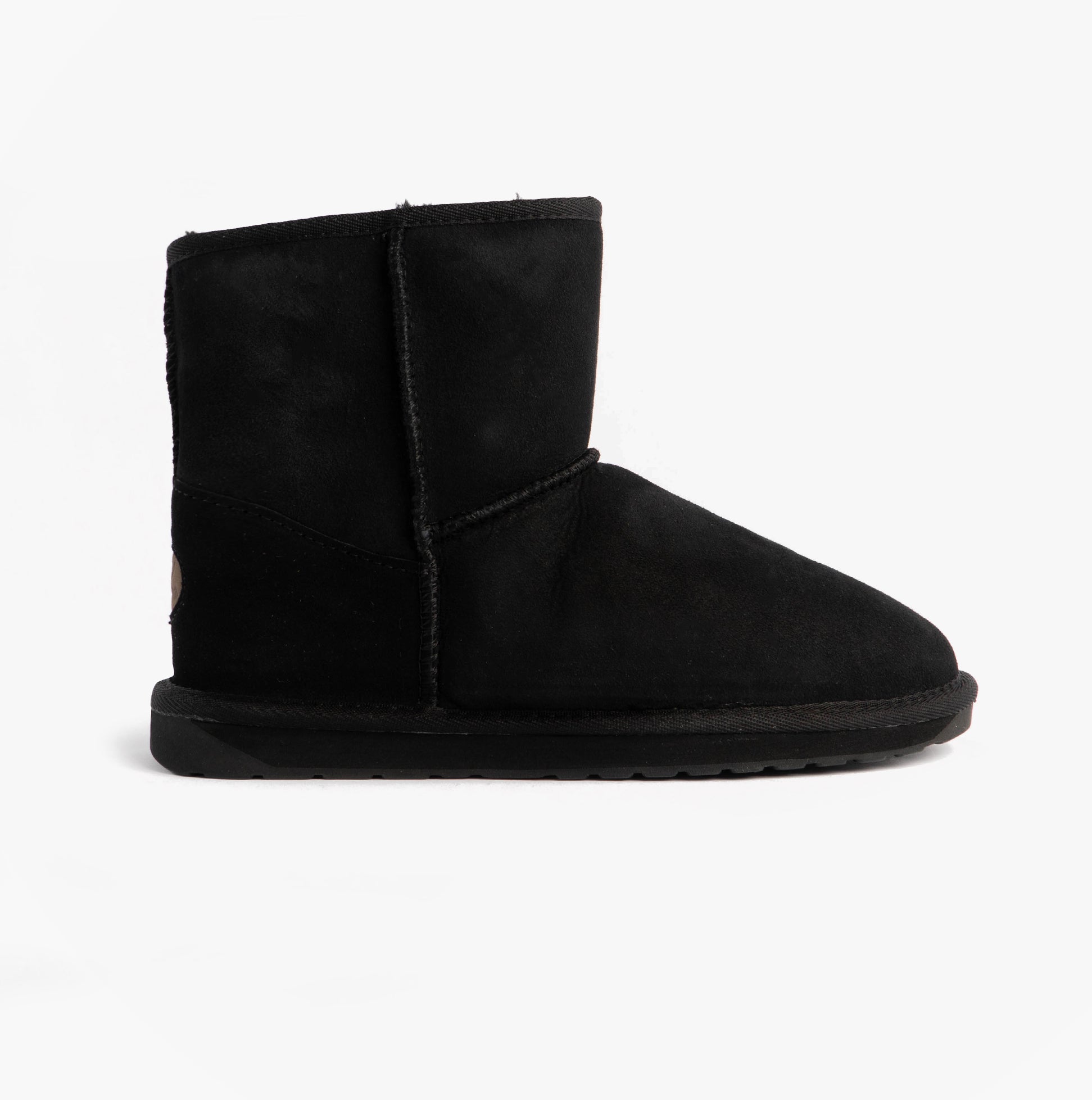 EMU Australia STINGER MINI Womens Sheepskin Boot Black side view showing shearling material and round toe shape