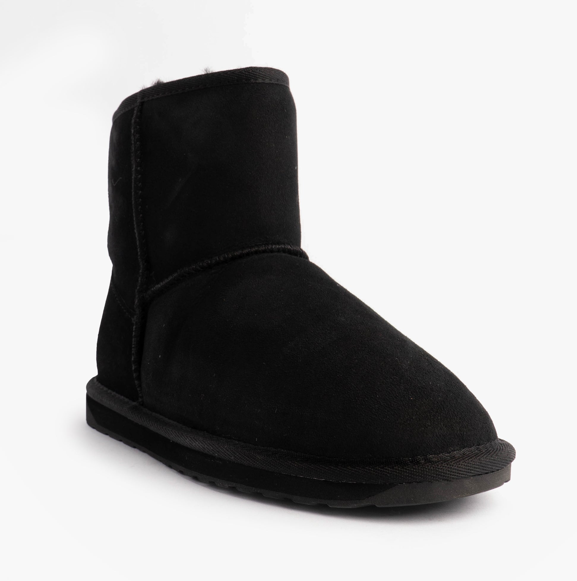 EMU Australia STINGER MINI Womens Sheepskin Boot Black side view showcasing shearling upper and rubber sole.