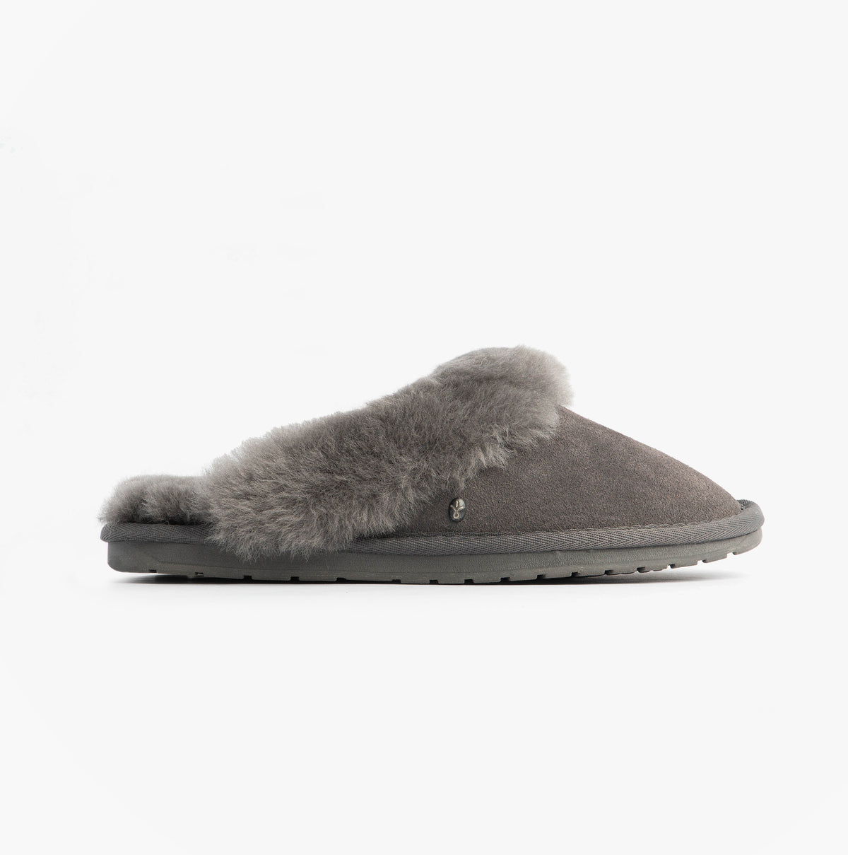 EMU Australia JOLIE Womens Mule Sheepskin Slippers Charcoal side view with soft grey suede upper and fluffy lining.