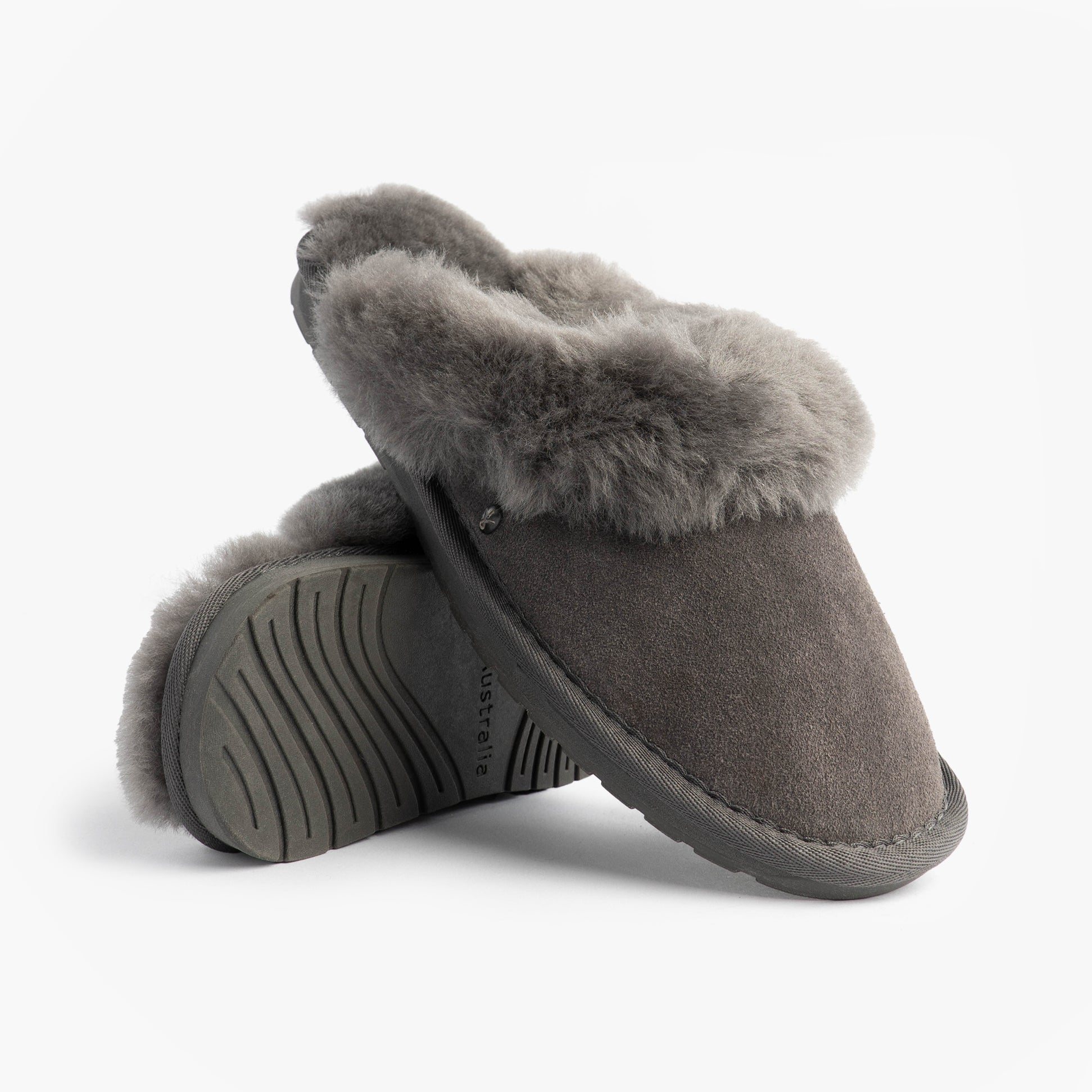 EMU Australia JOLIE Womens Mule Sheepskin Slippers Charcoal side view showcasing soft sheepskin lining and rubber sole.