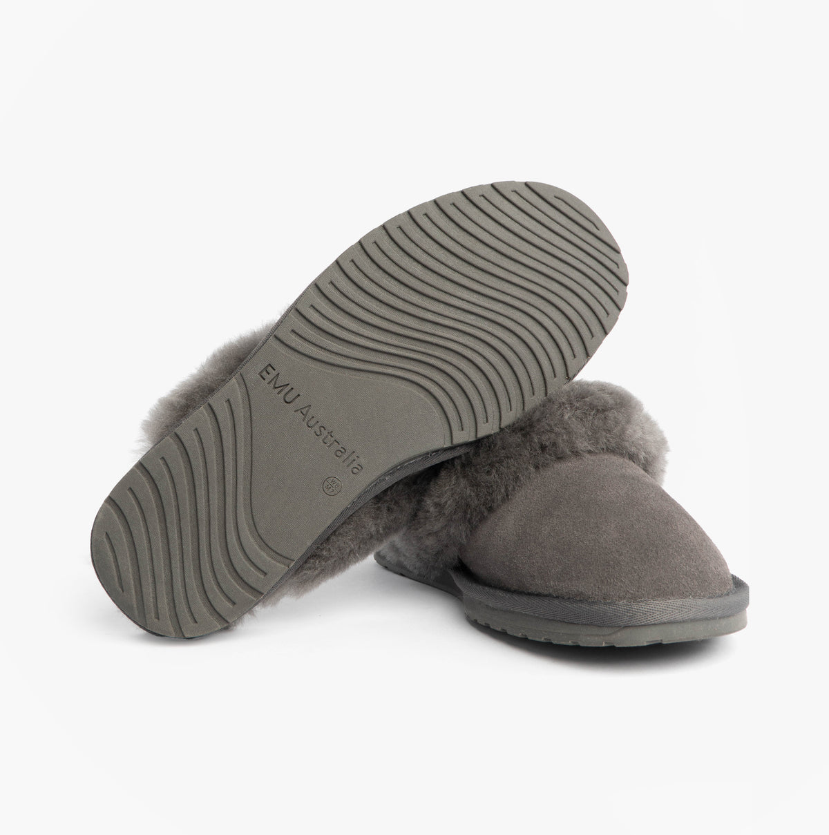 EMU Australia JOLIE Womens Mule Sheepskin Slippers Charcoal bottom view showing rubber/EVA sole details.