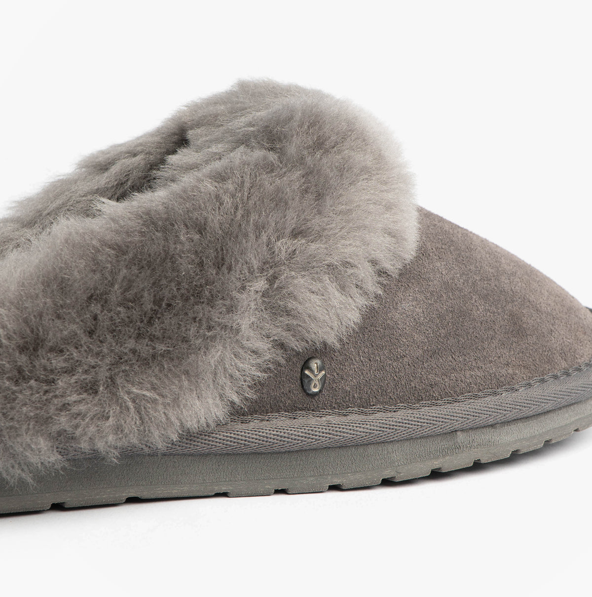 EMU Australia JOLIE Womens Mule Sheepskin Slippers Charcoal side view showing soft sheepskin material and rubber sole.