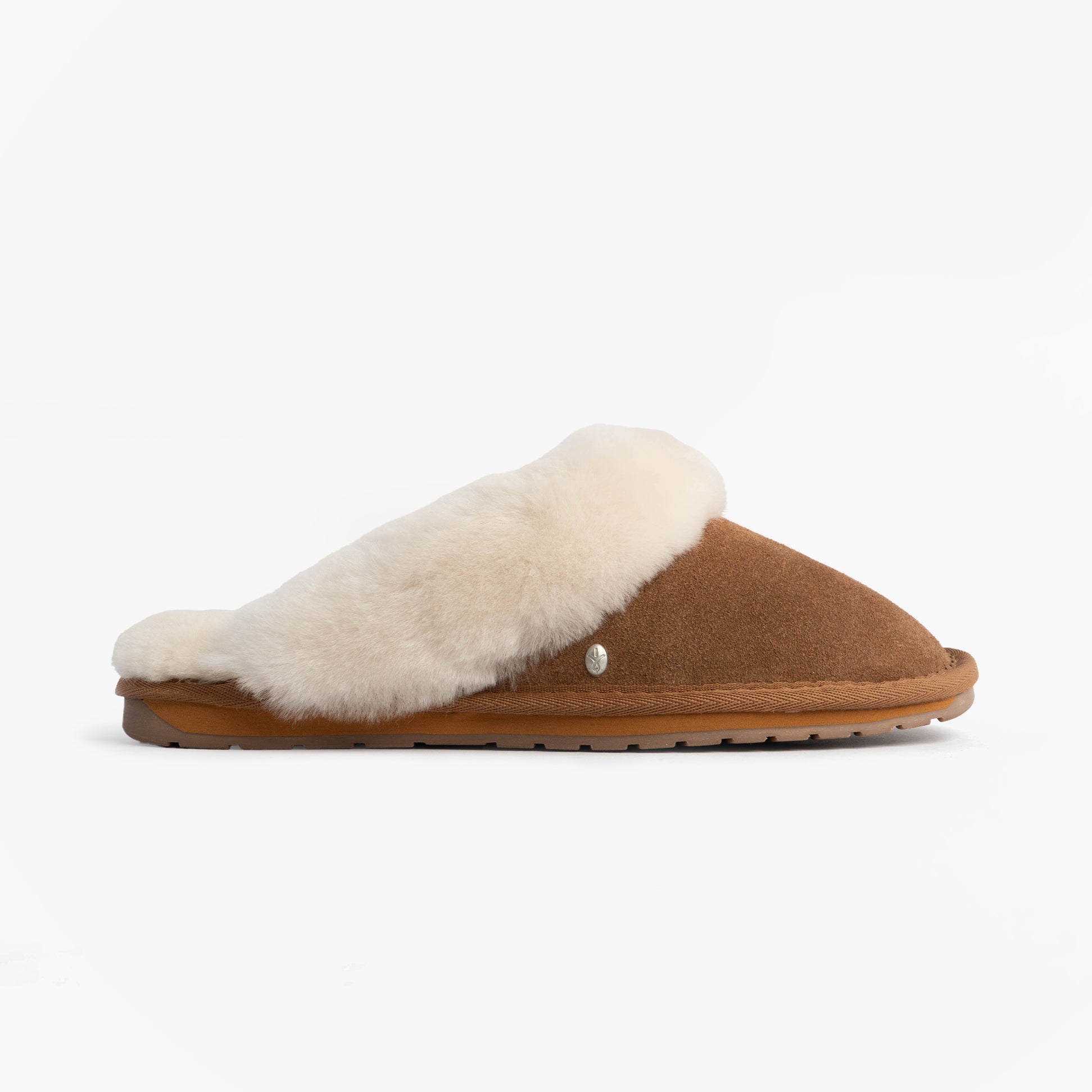 EMU Australia JOLIE Womens Mule Sheepskin Slippers Chestnut side view featuring soft sheepskin upper and rubber sole.