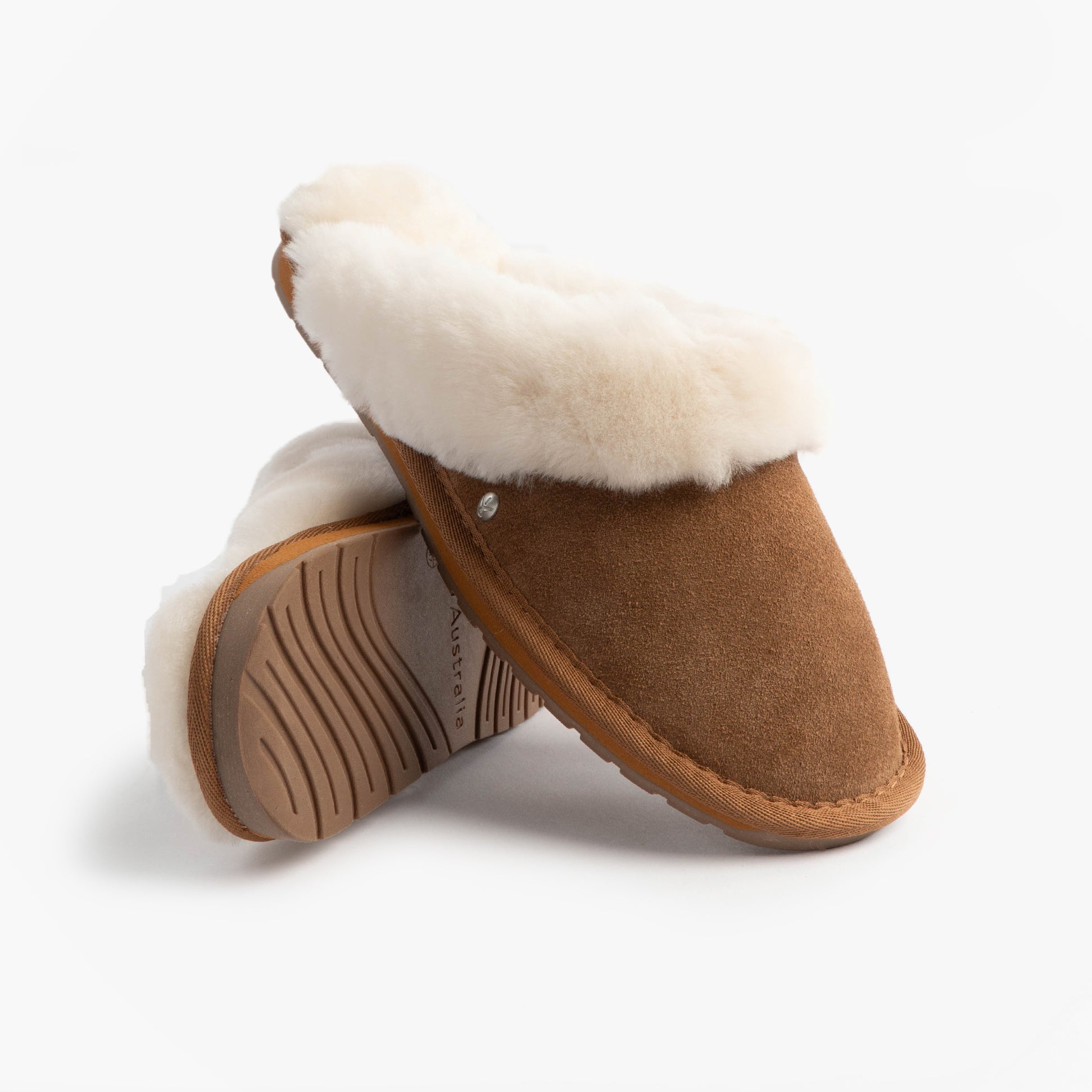 EMU Australia JOLIE Womens Mule Sheepskin Slippers Chestnut side view showcasing plush lining and rubber sole.