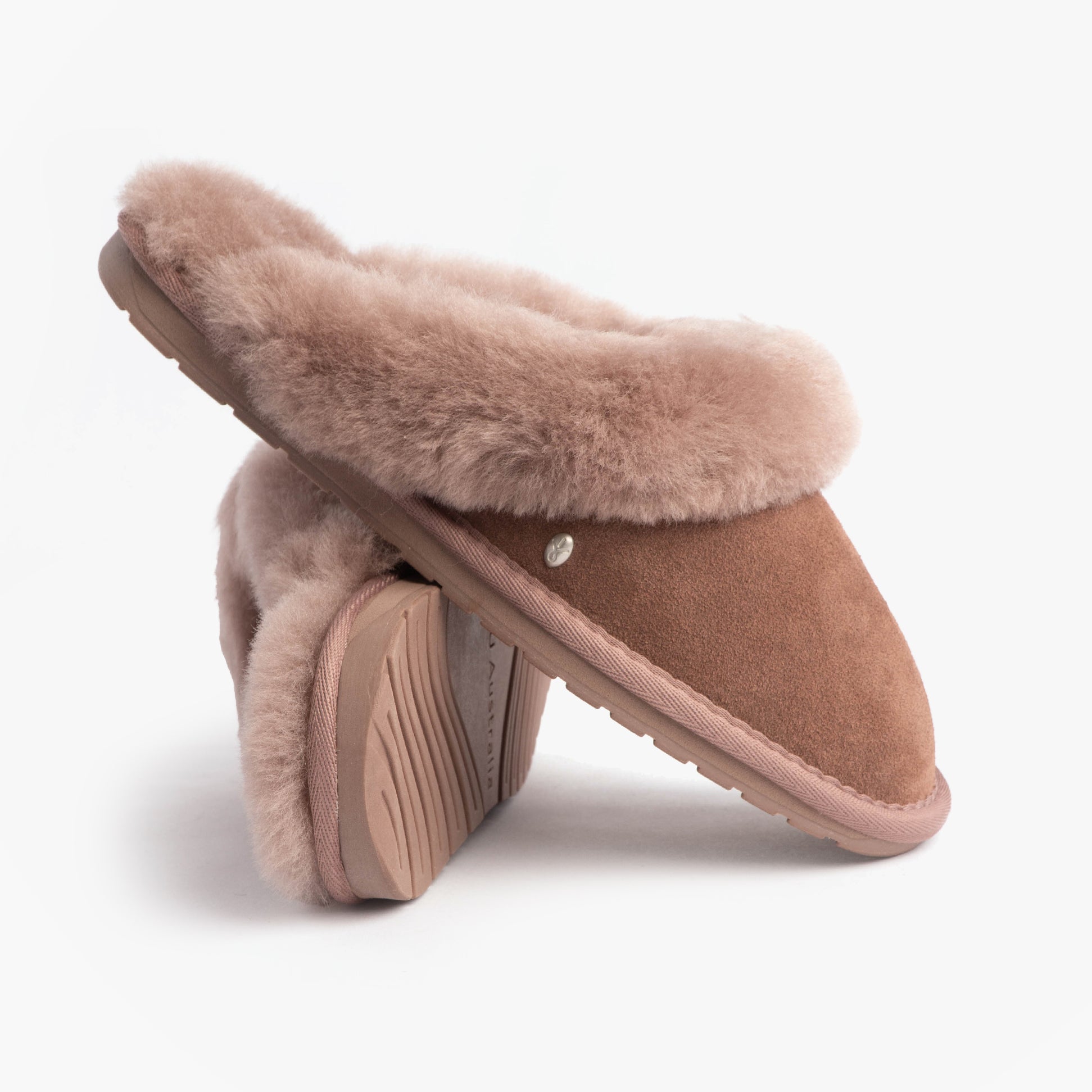 EMU Australia JOLIE Womens Mule Sheepskin Slippers Mocha side view showcasing soft sheepskin and slip-on design.